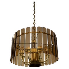 Vintage 1970's Hollywood Regency 7-Arm Brass & Smoked Beveled Glass Chandelier