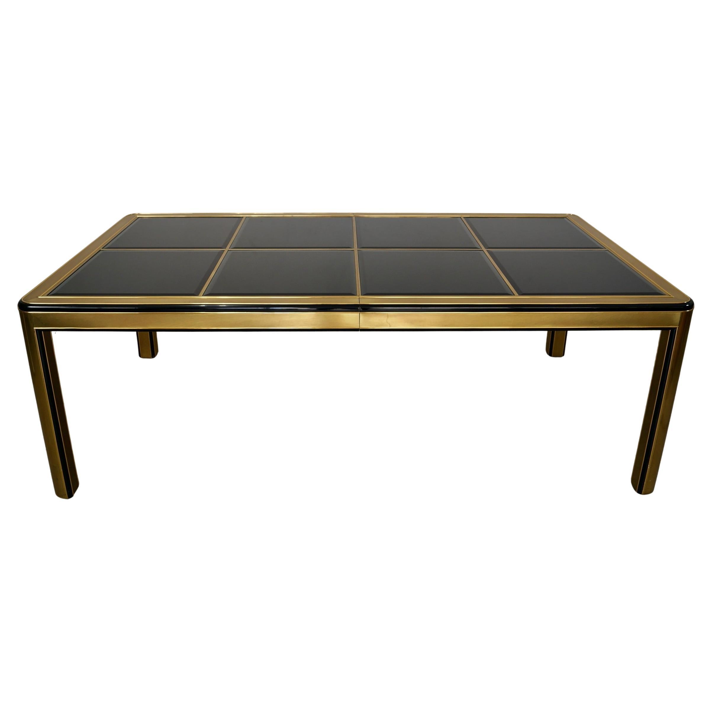 1970's Hollywood Regency Art Deco Brass & Dark Smoked Glass Dining Table