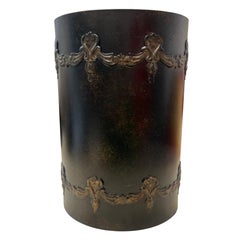 1970s Hollywood Regency Black and Antiqued Gold Metal Wastebasket