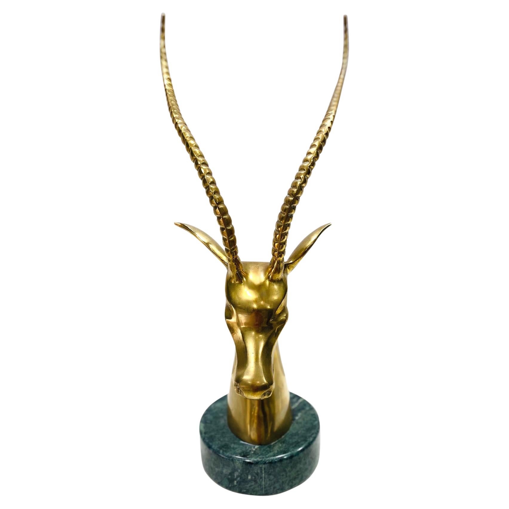1970's Hollywood Regency Brass Antelope Sculpture with Exotic Marble Base