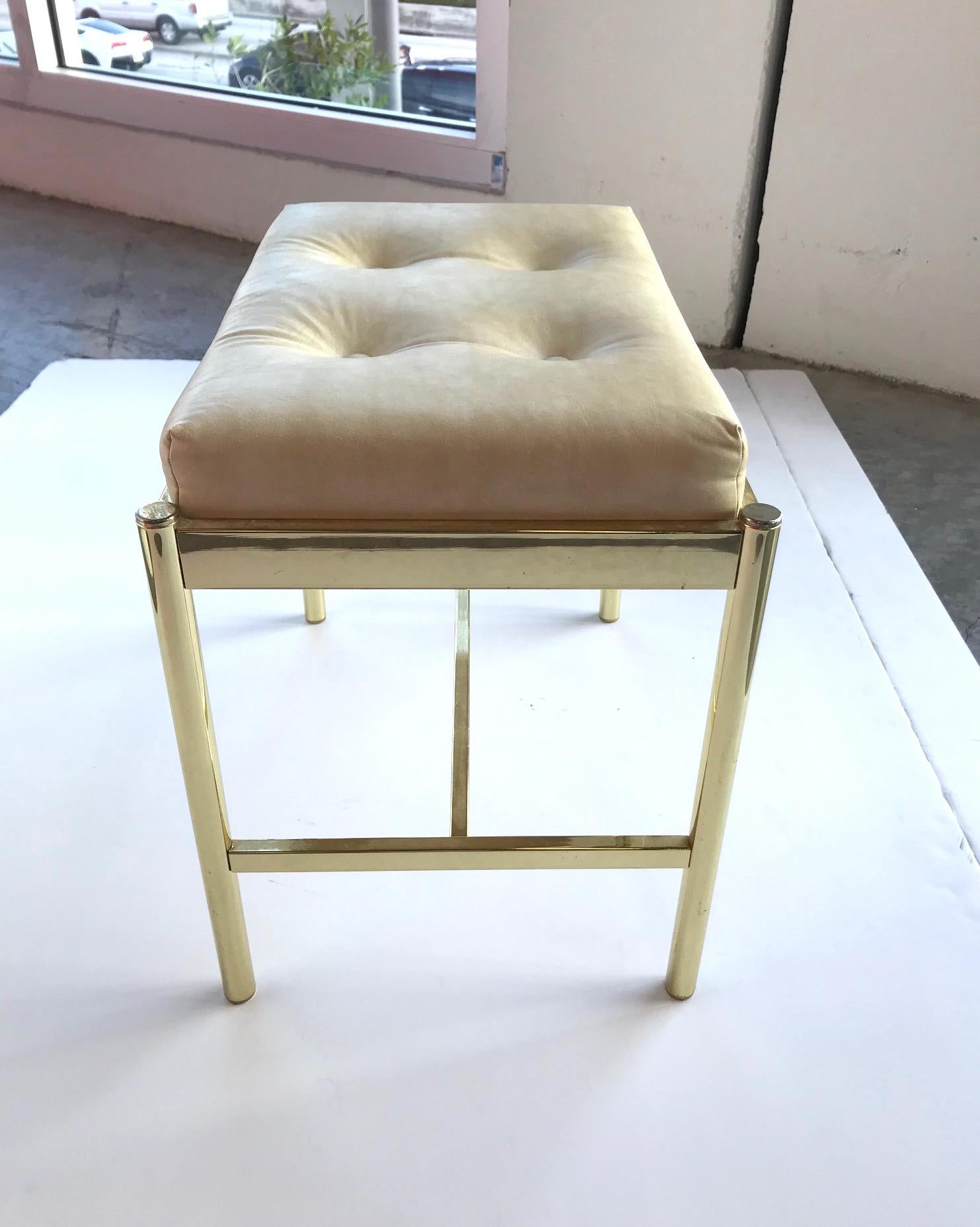 Polished 1970s Hollywood Regency Brass Bench in Naugahyde