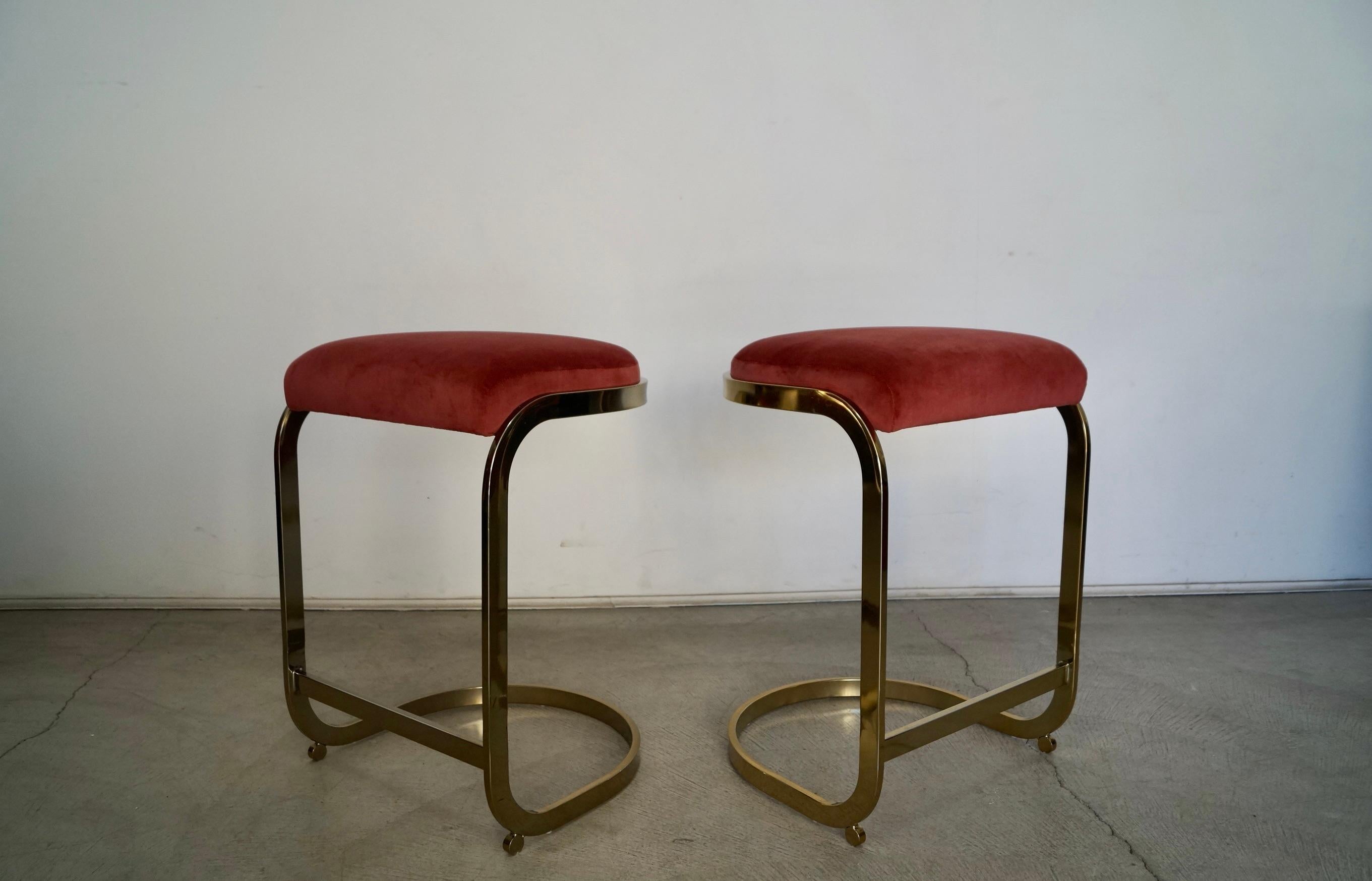 Late 20th Century 1970s Hollywood Regency Brass Counter Stools, a Pair For Sale