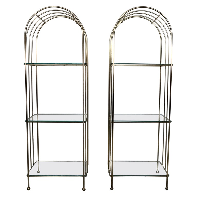 1970's Hollywood Regency Brass Etagere Shelves, a Pair For Sale at