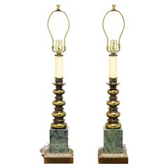 1970's Hollywood Regency Brass & Green Marble Table Lamps - Pair