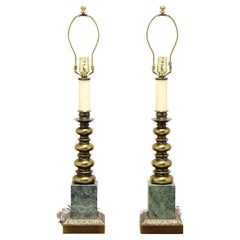 Vintage 1970's Hollywood Regency Brass & Green Marble Table Lamps - Pair