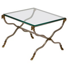 1970s Hollywood Regency Brass, Steel, and Glass X-Form Side Table