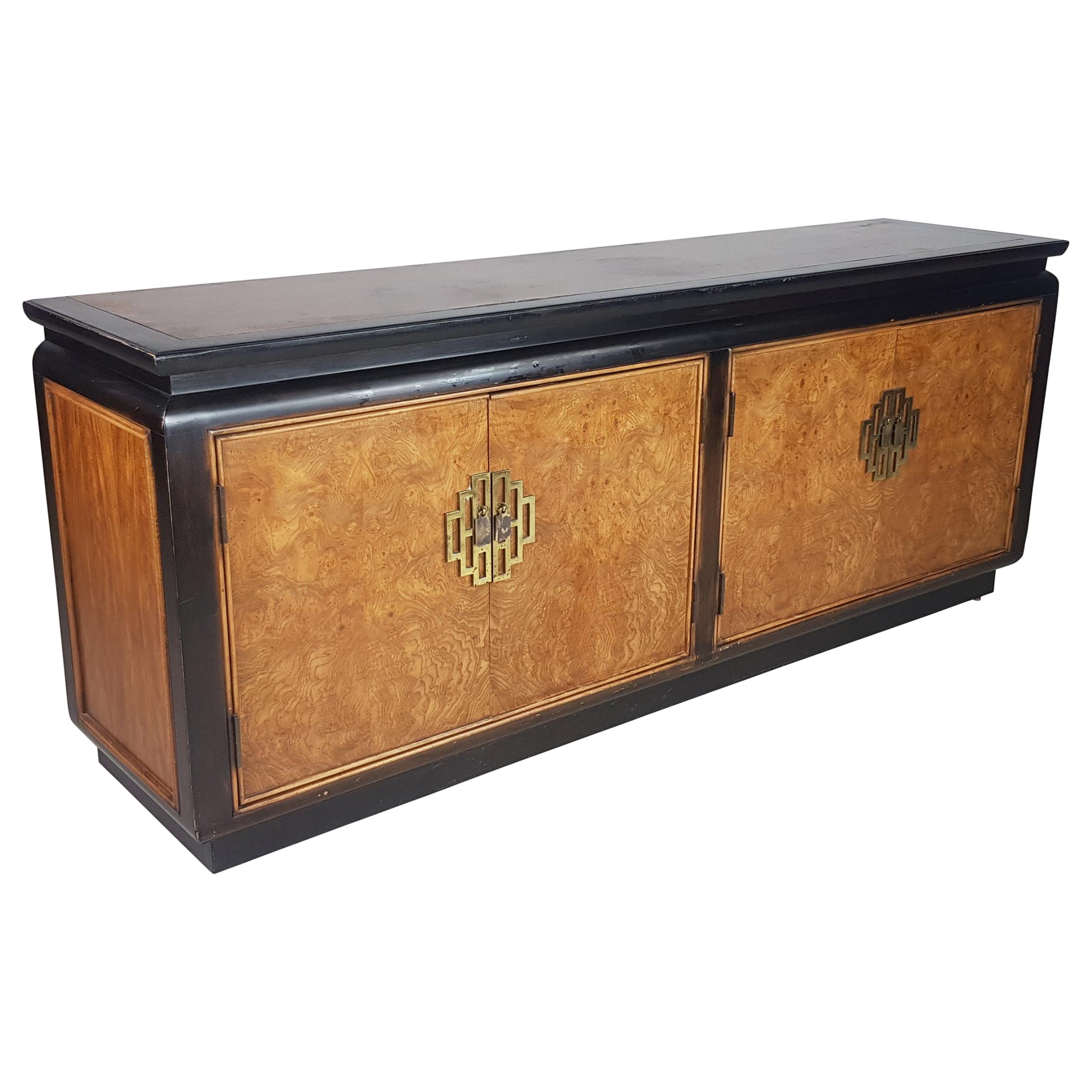 1970s Hollywood Regency Century Furniture Black Lacquer and Burl Wood Sideboard For Sale