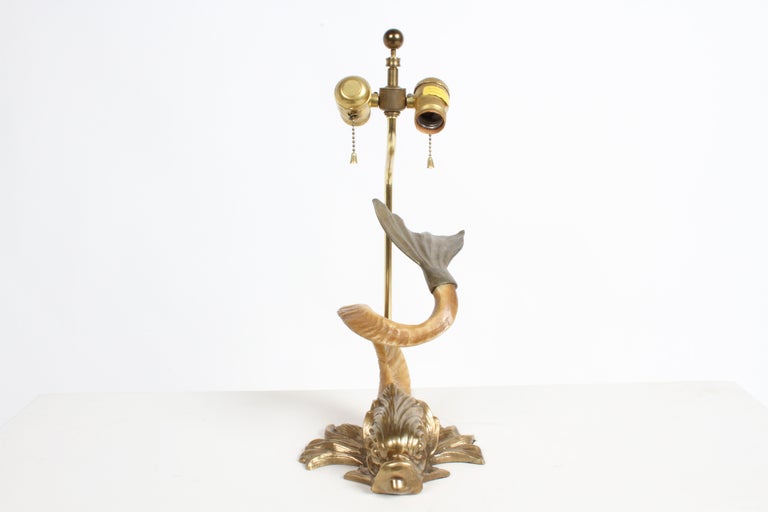 1970s Hollywood Regency Chapman Brass & Faux Ram Horn Dolphin Fish Table Lamp For Sale 12