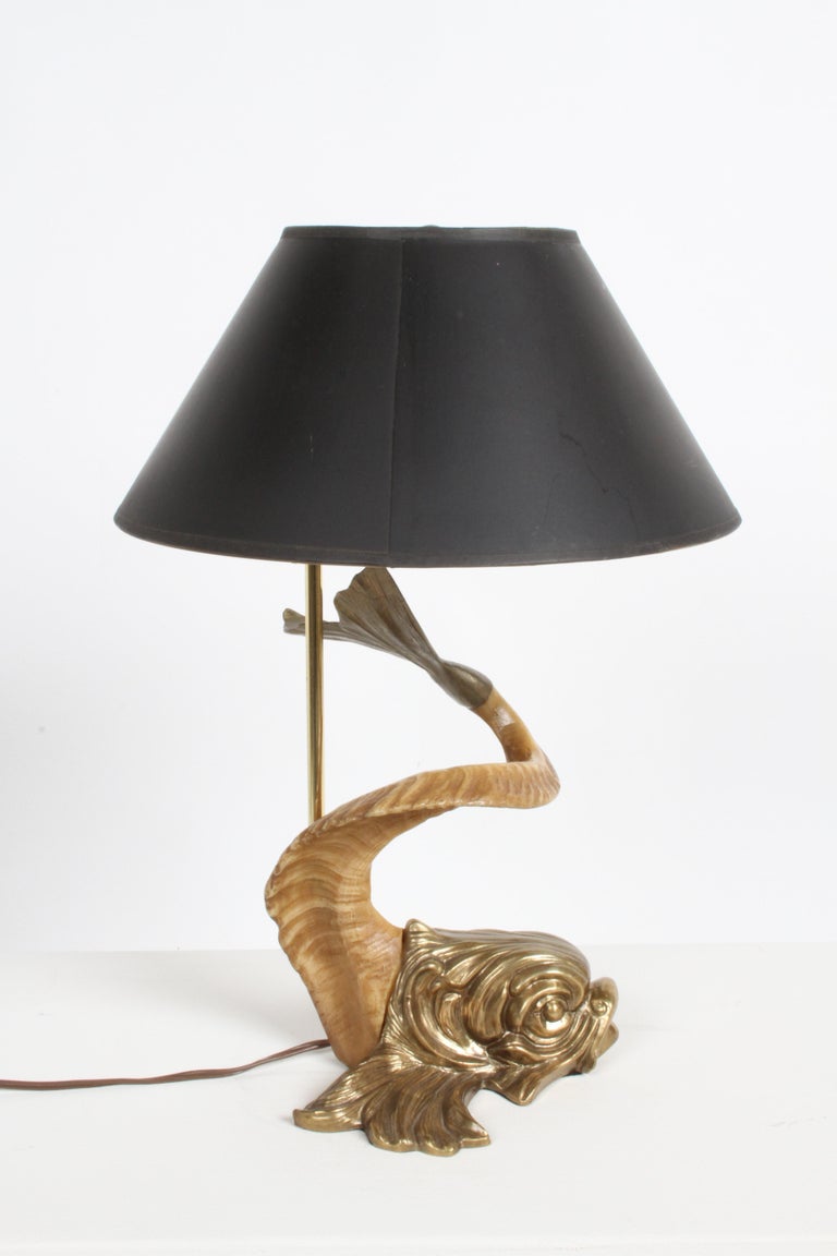 1970s Hollywood Regency Chapman Brass & Faux Ram Horn Dolphin Fish Table Lamp For Sale 2