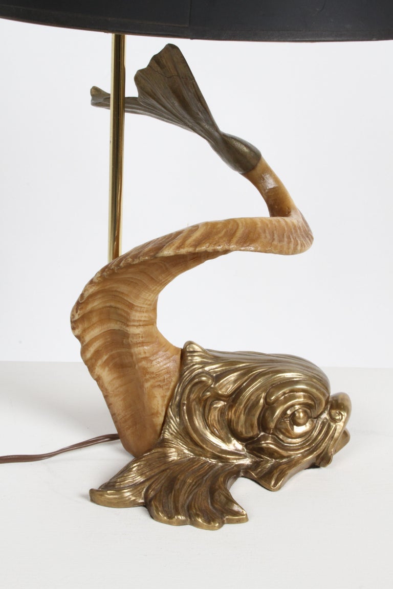 1970s Hollywood Regency Chapman Brass & Faux Ram Horn Dolphin Fish Table Lamp For Sale 3