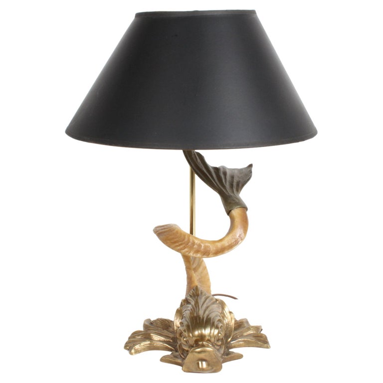 1970s Hollywood Regency Chapman Brass & Faux Ram Horn Dolphin Fish Table Lamp For Sale