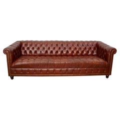 1970's Hollywood Regency Diamond Tufted Leather Long Chesterfield Sofa