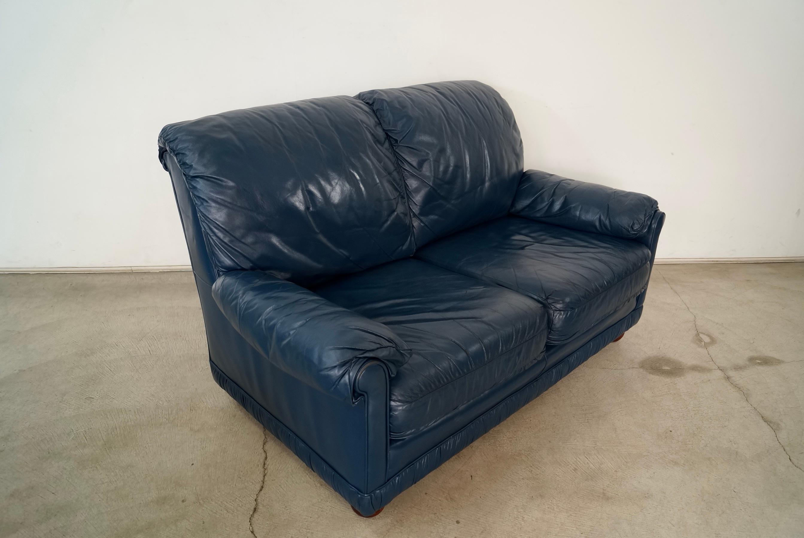 1970's Hollywood Regency Genuine Leather Navy Blue Loveseat Sofa 5