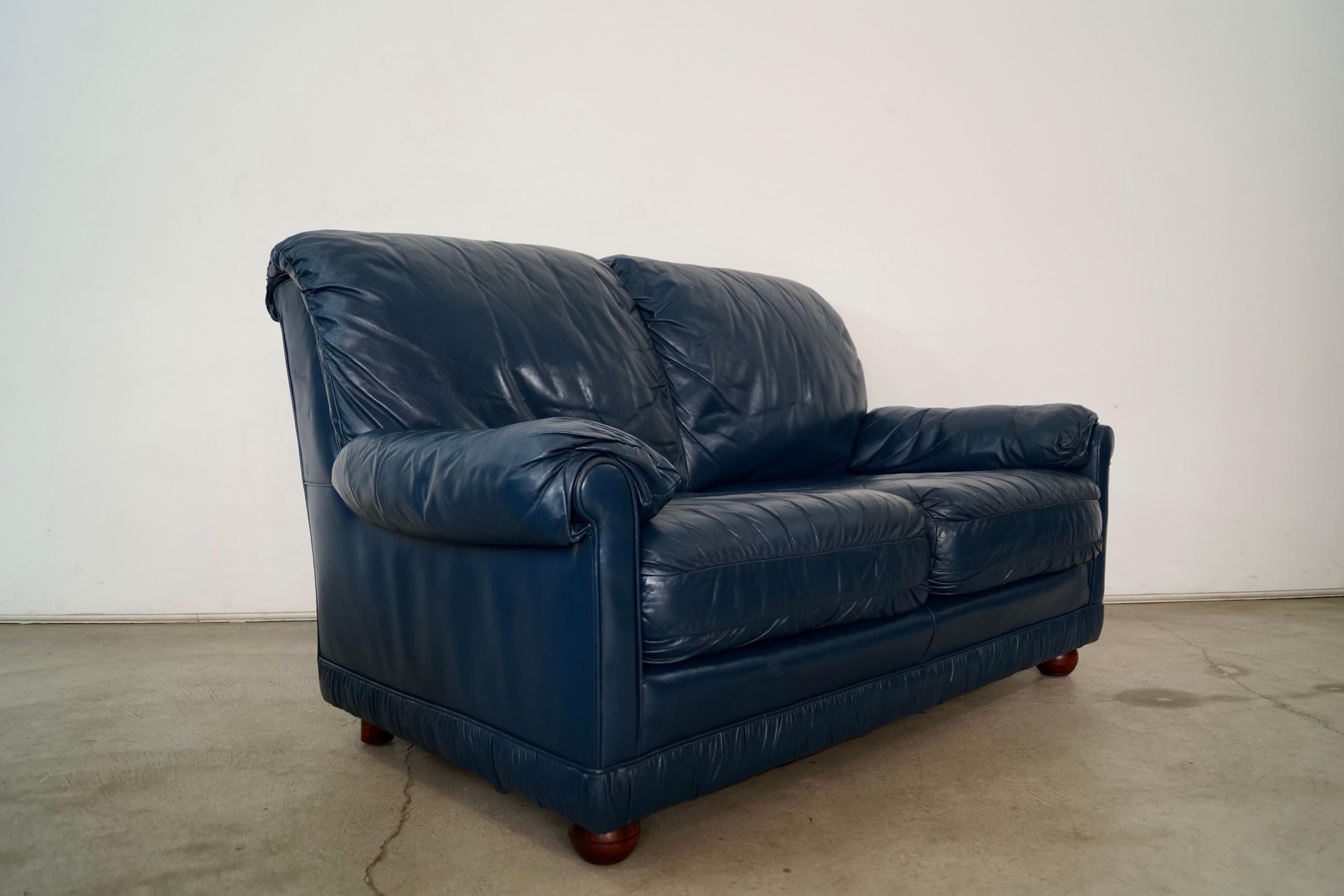 1970's Hollywood Regency Genuine Leather Navy Blue Loveseat Sofa 6
