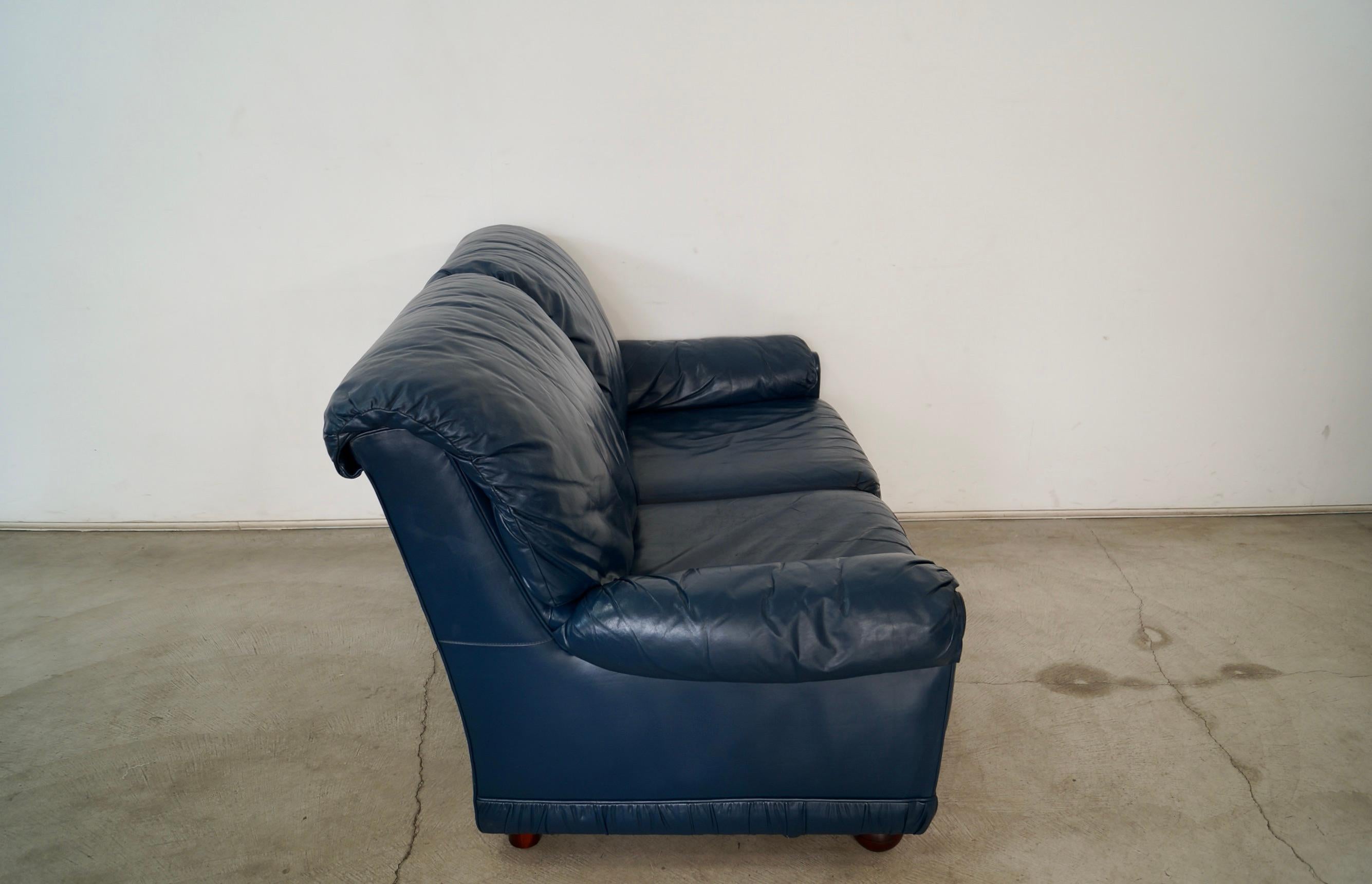 1970's Hollywood Regency Genuine Leather Navy Blue Loveseat Sofa 7