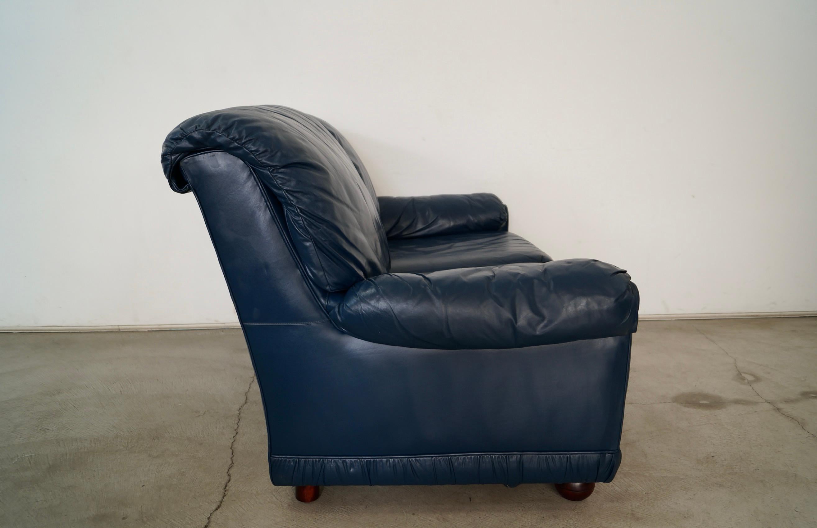 1970's Hollywood Regency Genuine Leather Navy Blue Loveseat Sofa 8