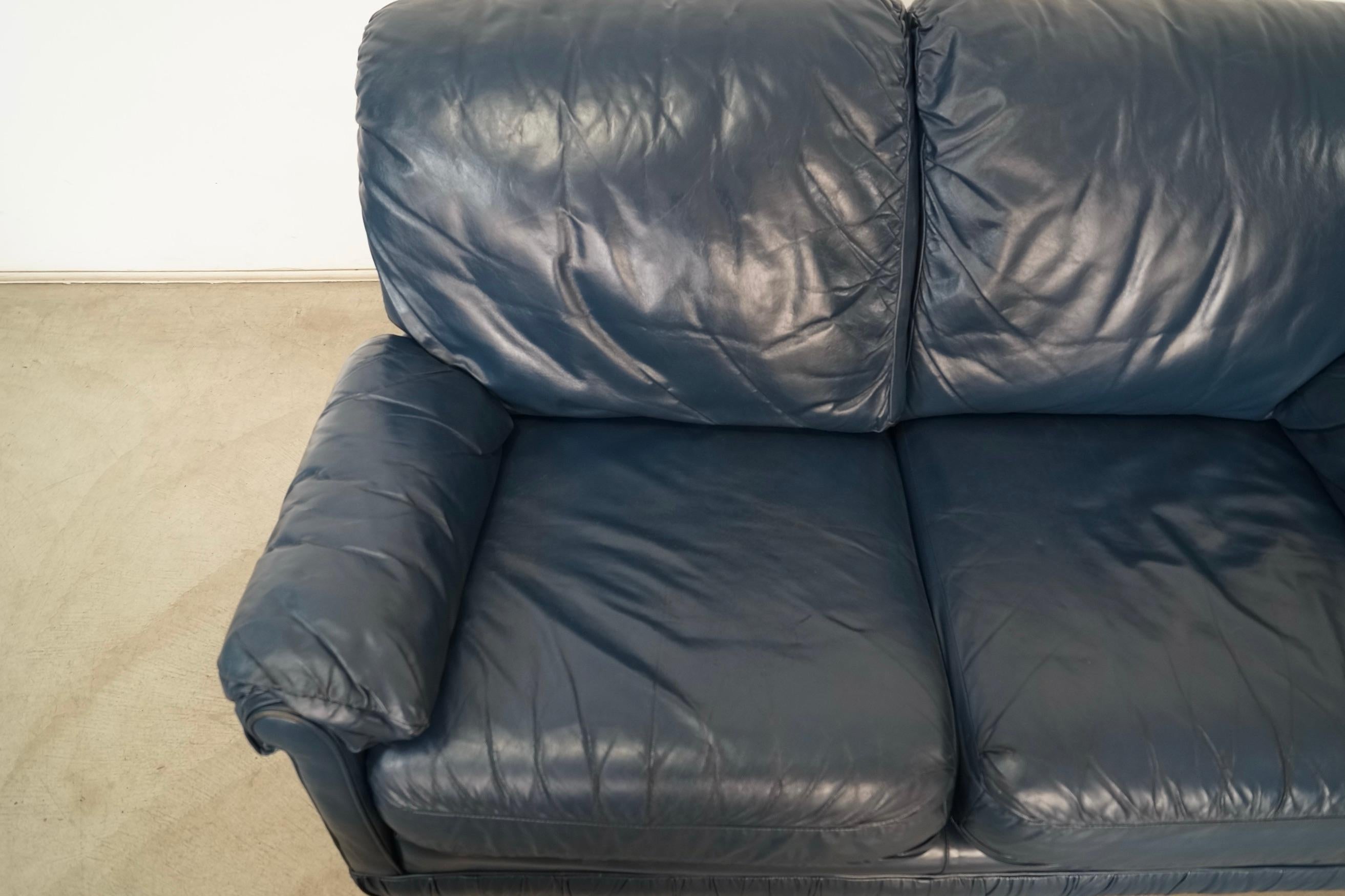 1970's Hollywood Regency Genuine Leather Navy Blue Loveseat Sofa 9