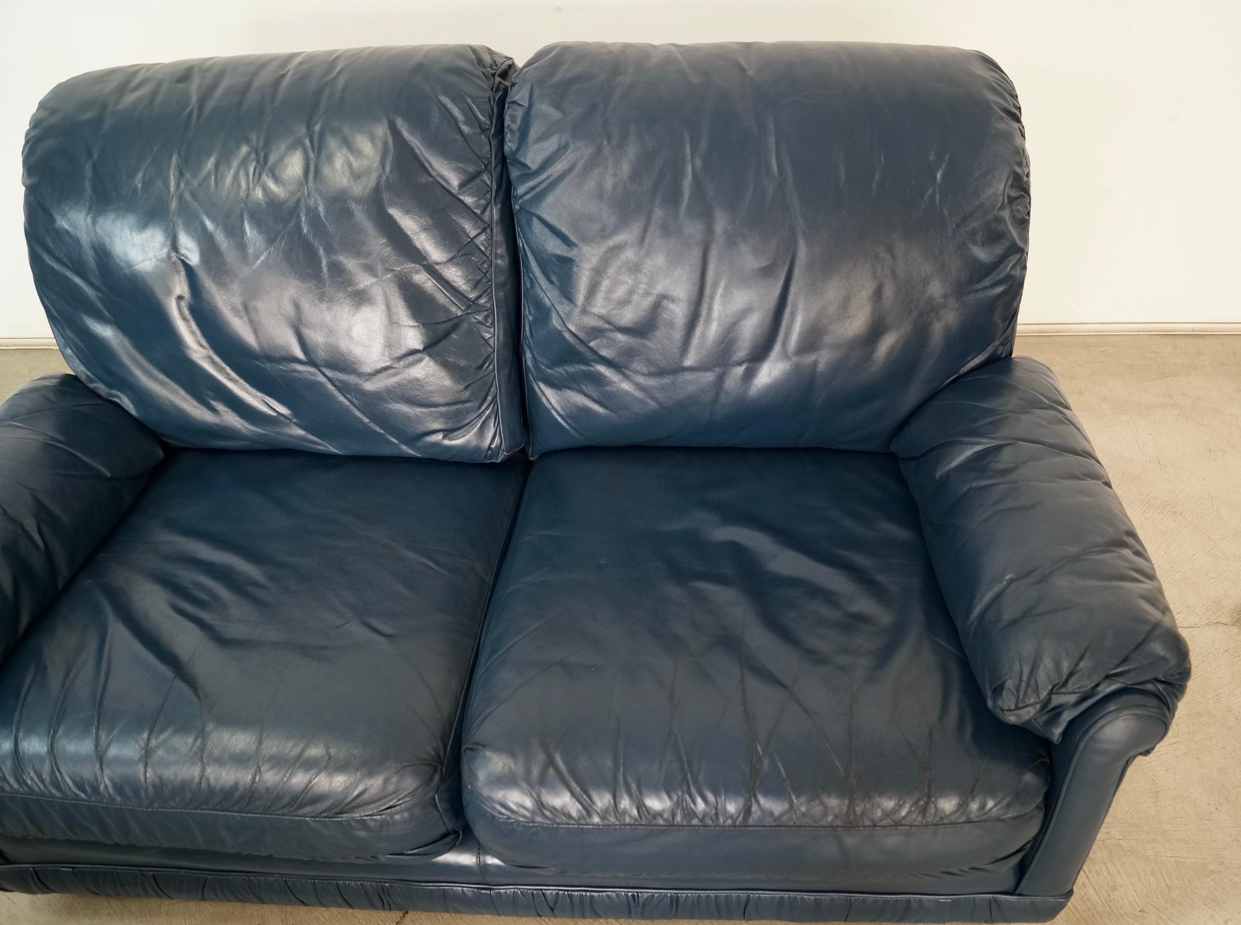 1970's Hollywood Regency Genuine Leather Navy Blue Loveseat Sofa 10