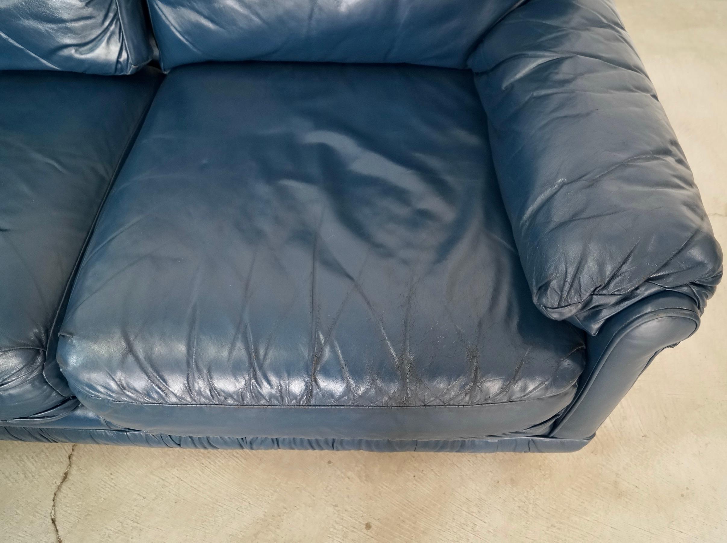 1970's Hollywood Regency Genuine Leather Navy Blue Loveseat Sofa 12