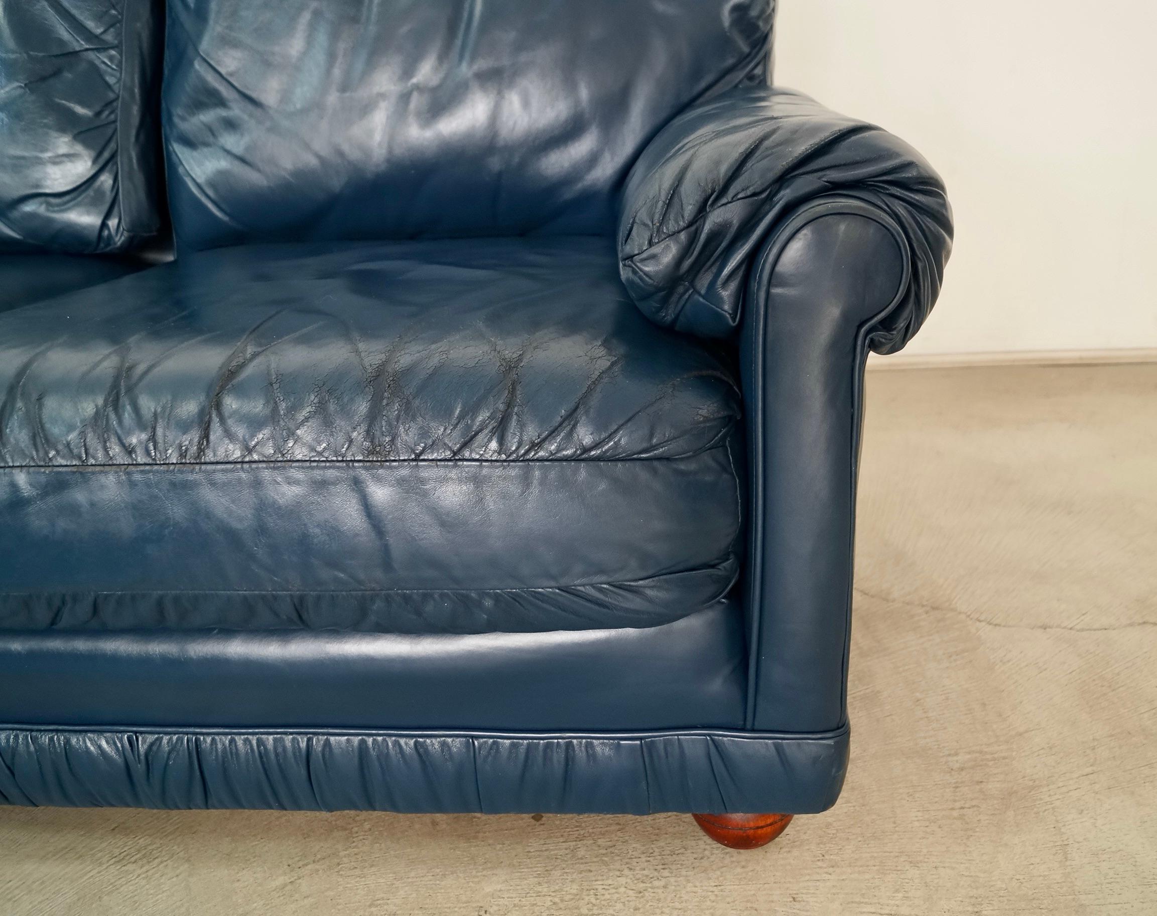 1970's Hollywood Regency Genuine Leather Navy Blue Loveseat Sofa 13