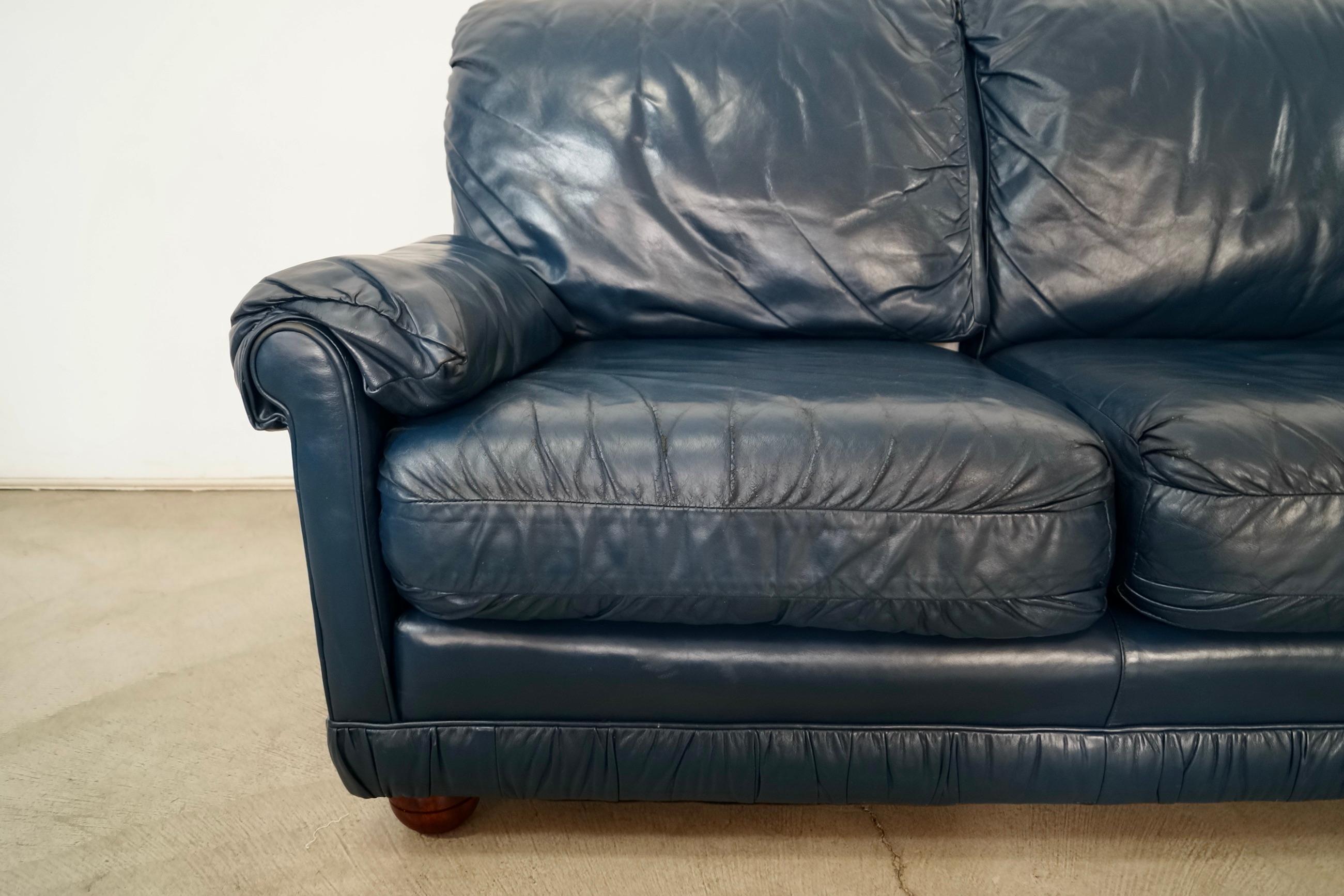 1970's Hollywood Regency Genuine Leather Navy Blue Loveseat Sofa 14