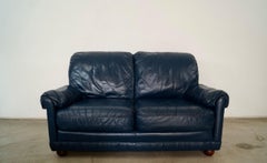 1970's Hollywood Regency Genuine Leather Navy Blue Loveseat Sofa