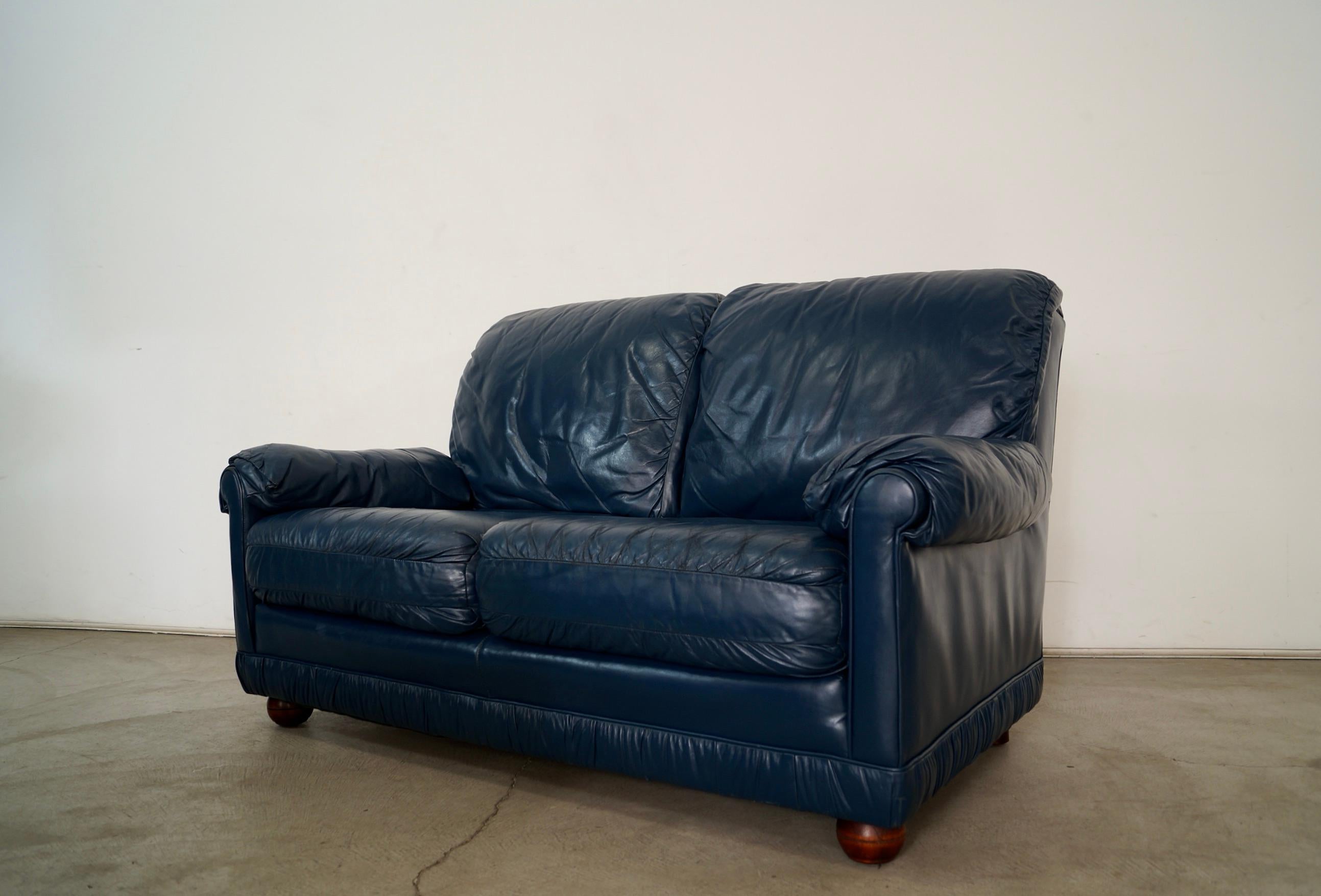 American 1970's Hollywood Regency Genuine Leather Navy Blue Loveseat Sofa