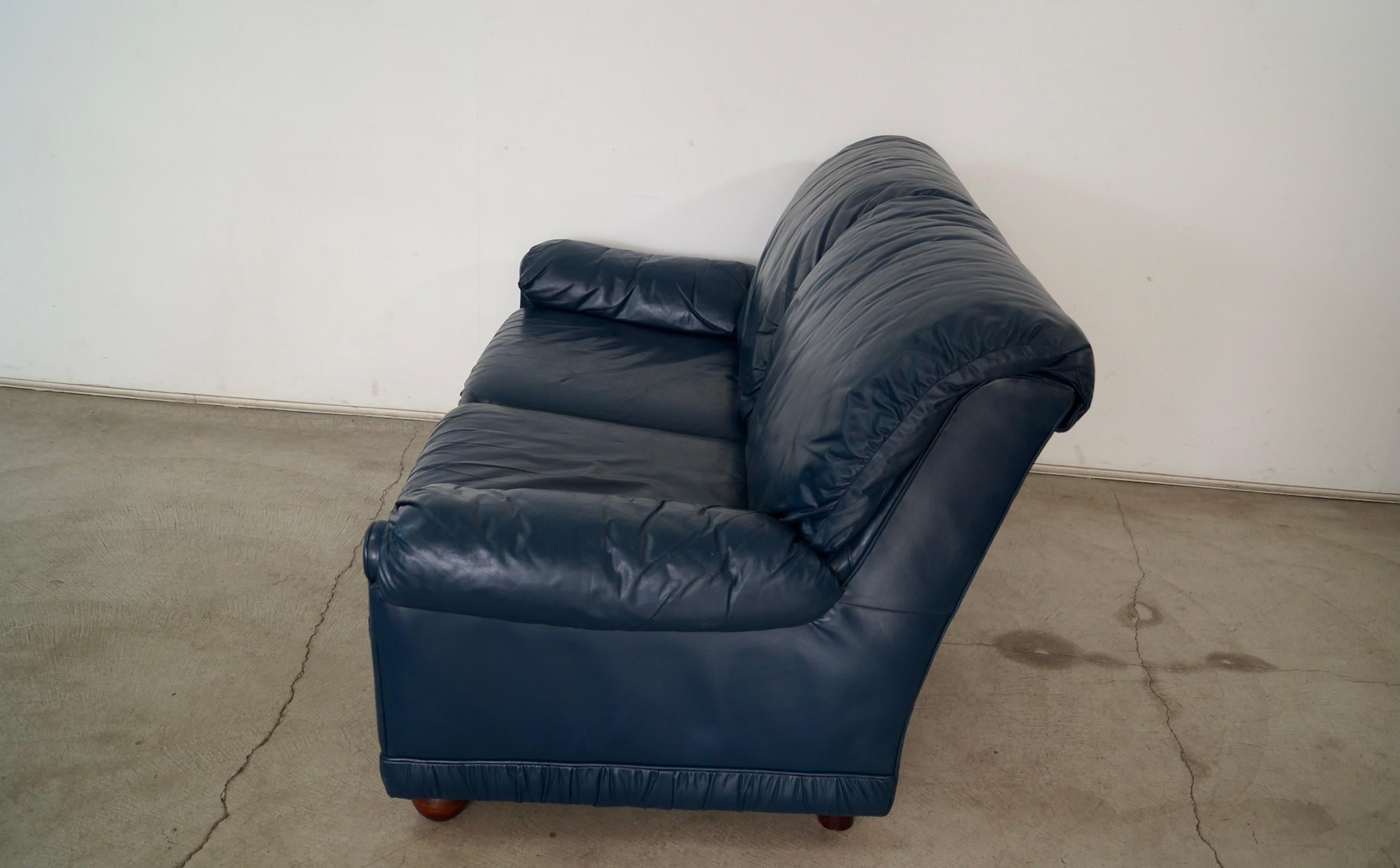 Late 20th Century 1970's Hollywood Regency Genuine Leather Navy Blue Loveseat Sofa