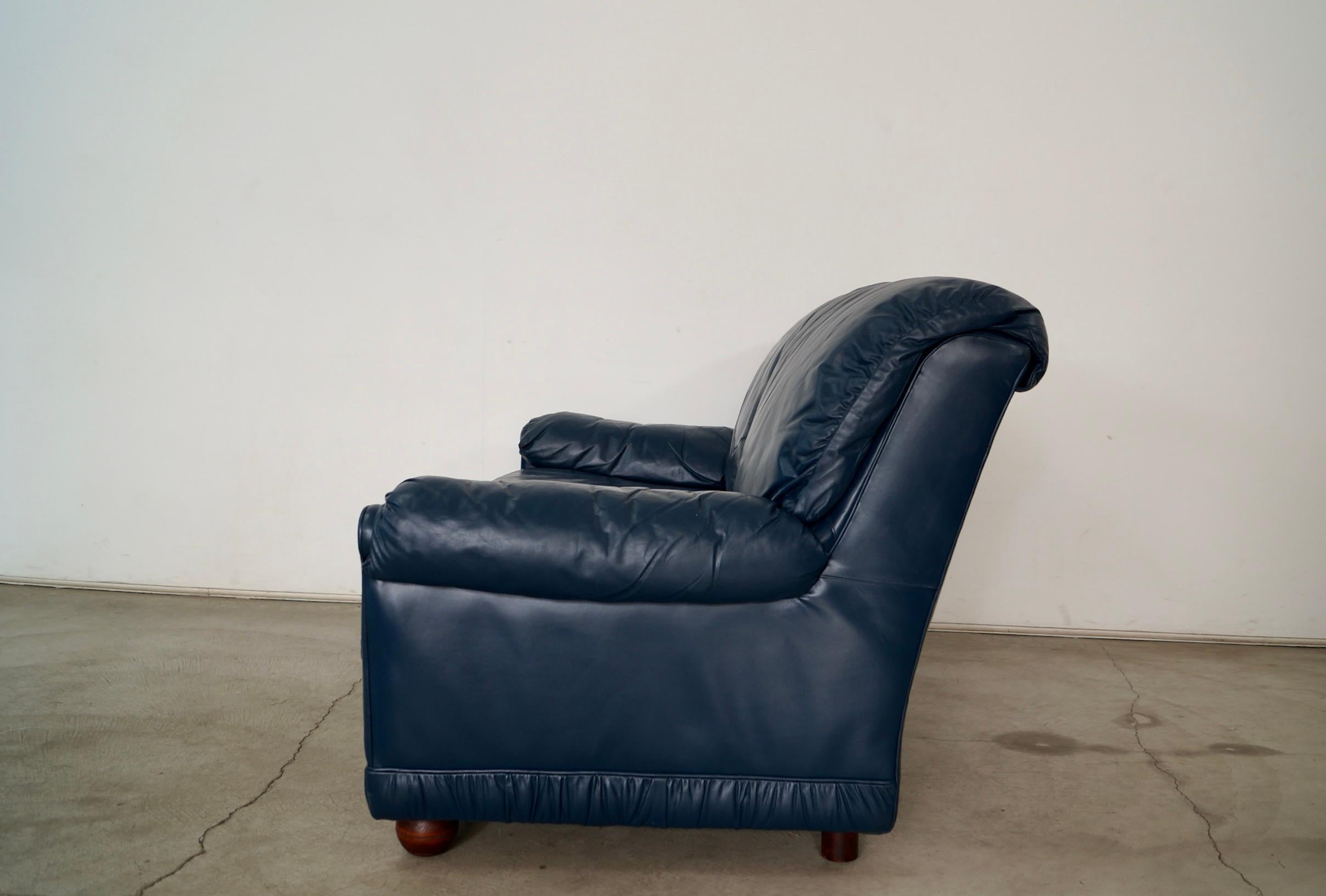 1970's Hollywood Regency Genuine Leather Navy Blue Loveseat Sofa 1