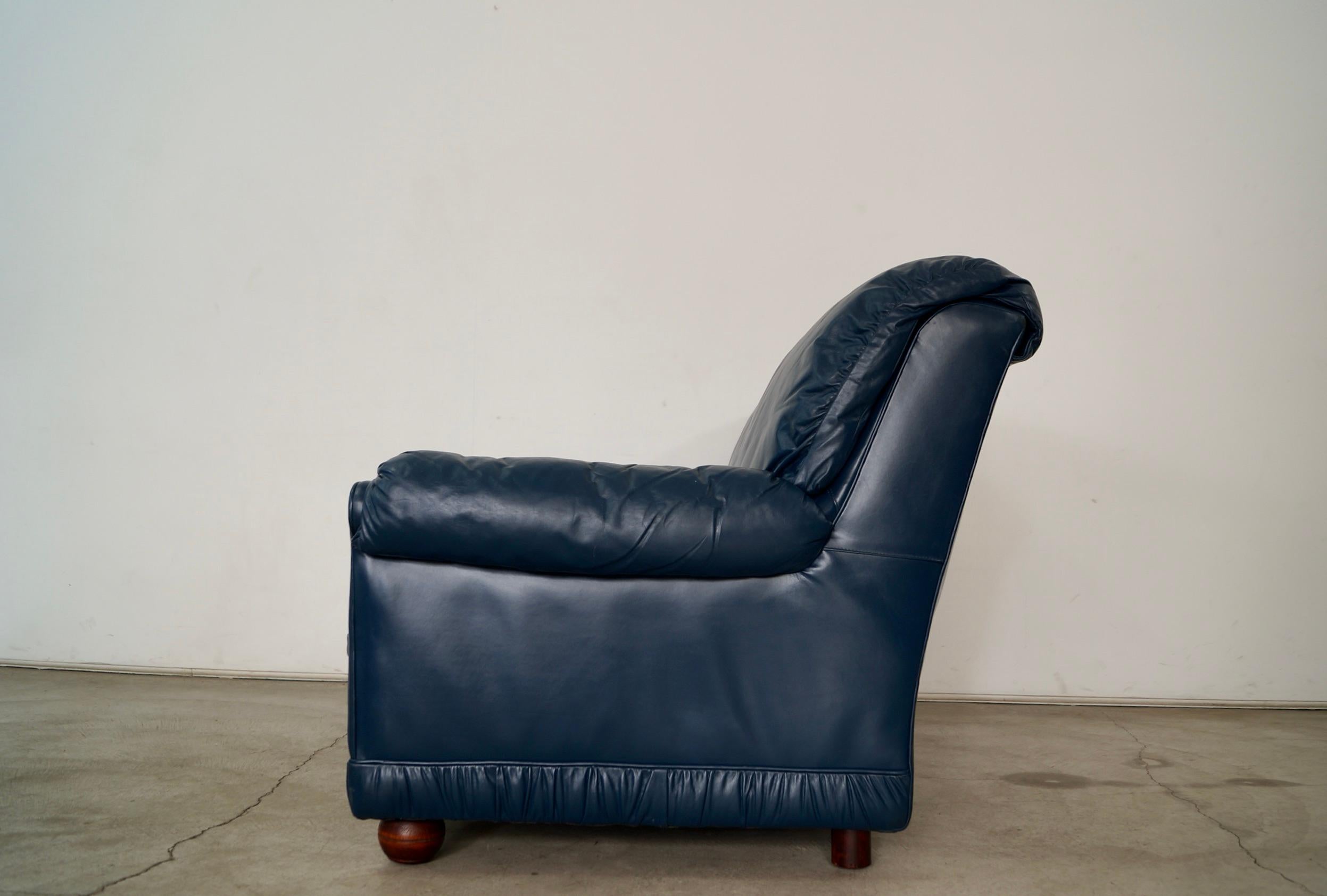 1970's Hollywood Regency Genuine Leather Navy Blue Loveseat Sofa 2