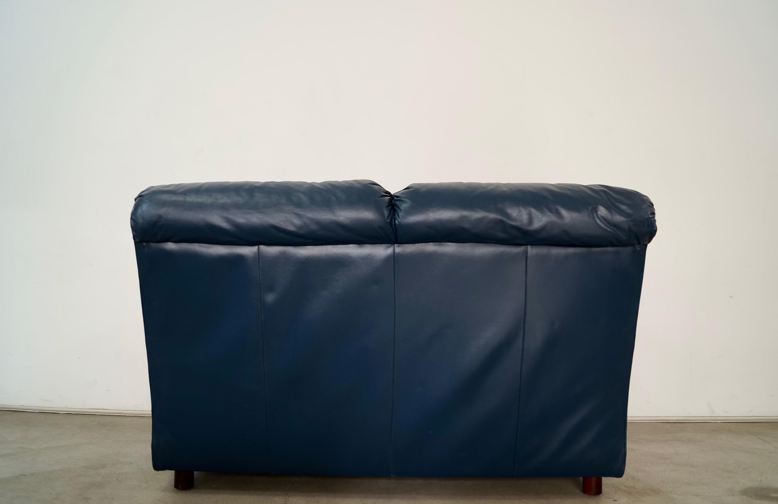 1970's Hollywood Regency Genuine Leather Navy Blue Loveseat Sofa 3