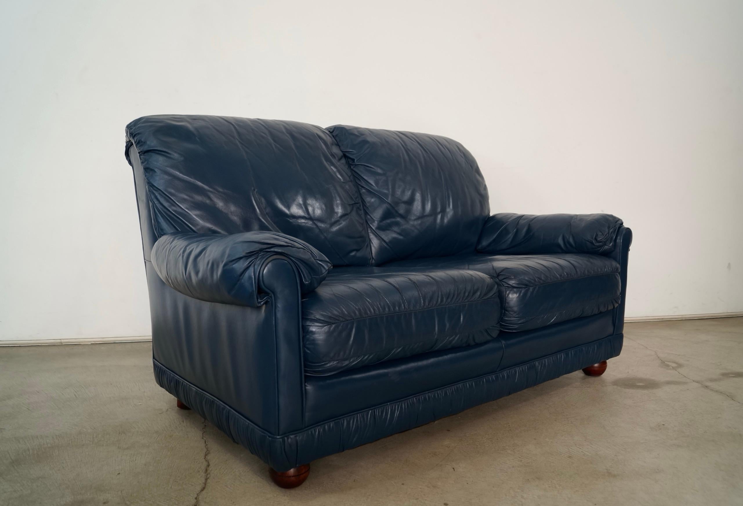 1970's Hollywood Regency Genuine Leather Navy Blue Loveseat Sofa 4