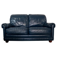 1970's Hollywood Regency Genuine Leather Navy Blue Loveseat Sofa