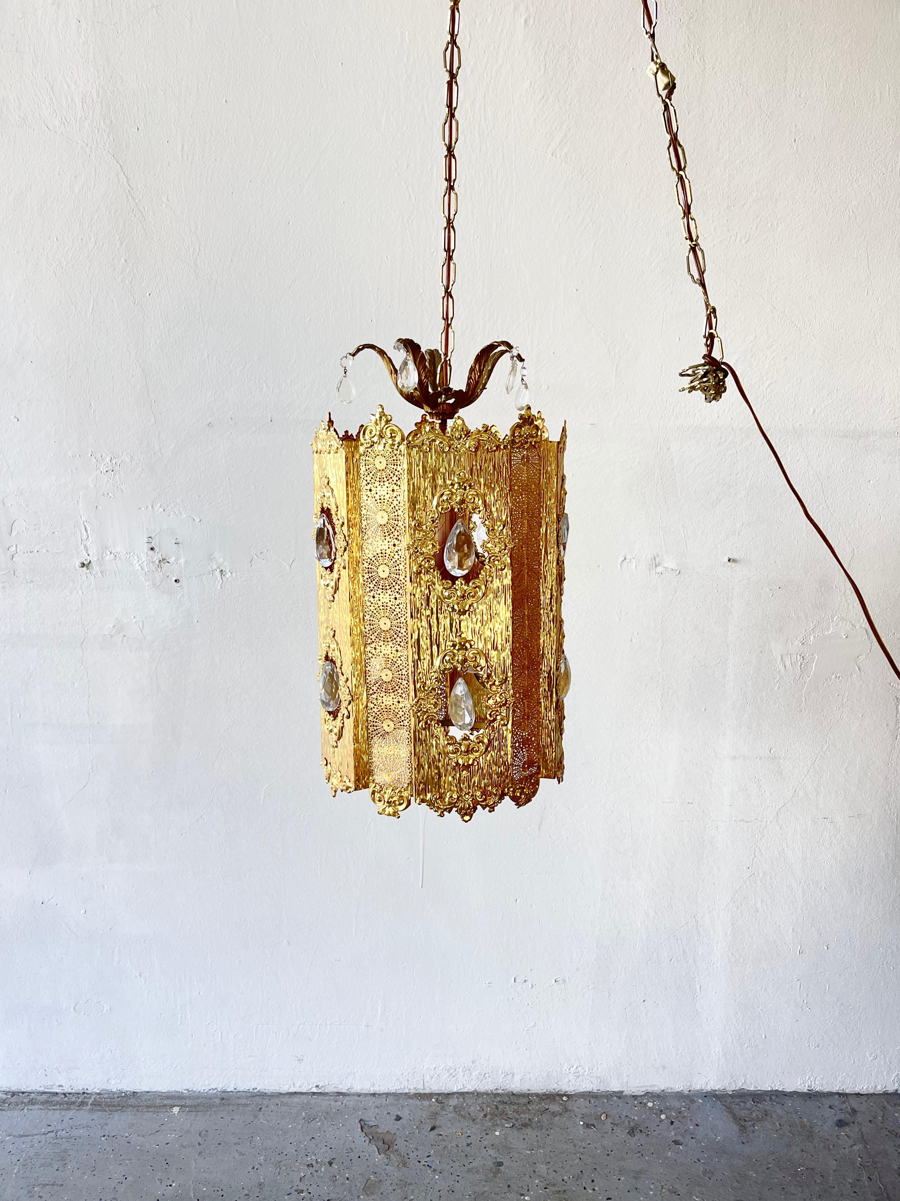 Unknown 1970's Hollywood Regency Gold Swag Pendant Lamp Gilt Hanging Light MCM