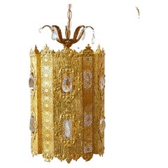 1970's Hollywood Regency Gold Swag Pendant Lamp Gilt Hanging Light MCM