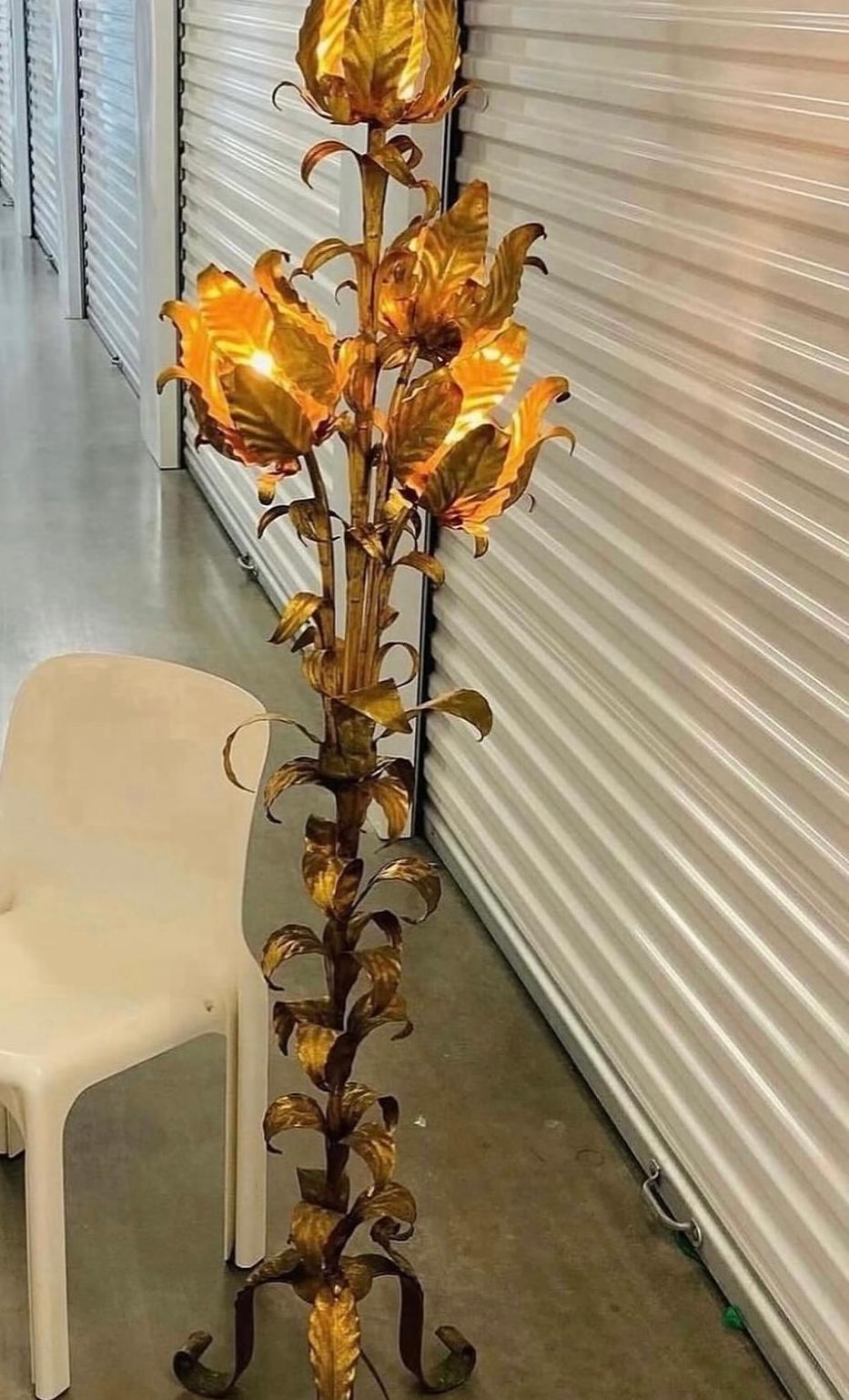 German 1970s Hollywood Regency Hans Kogl Metal Gold Gilt Lotus Flower Floor Lamp