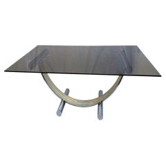 Vintage 1970s Hollywood Regency Italian Romeo Rega Dining Table with Arched Chrome Base 