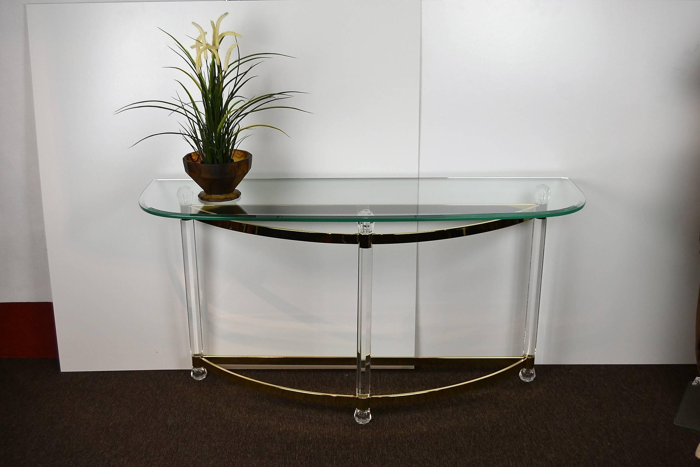 1970s Hollywood Regency Lucite, Brass and Glass Console Table 4