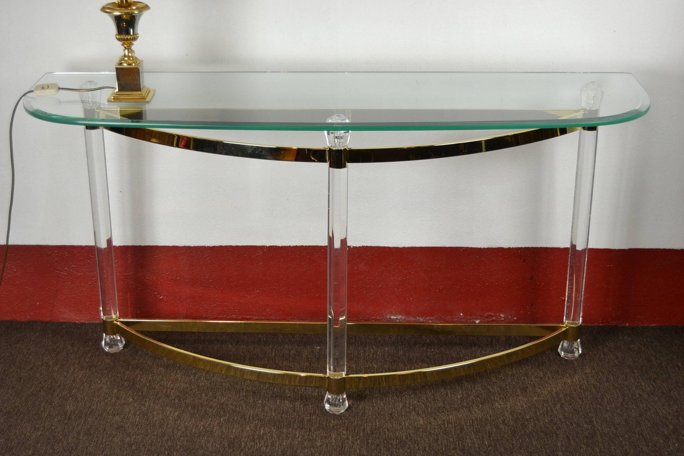 1970s Hollywood Regency Lucite, Brass and Glass Console Table 6