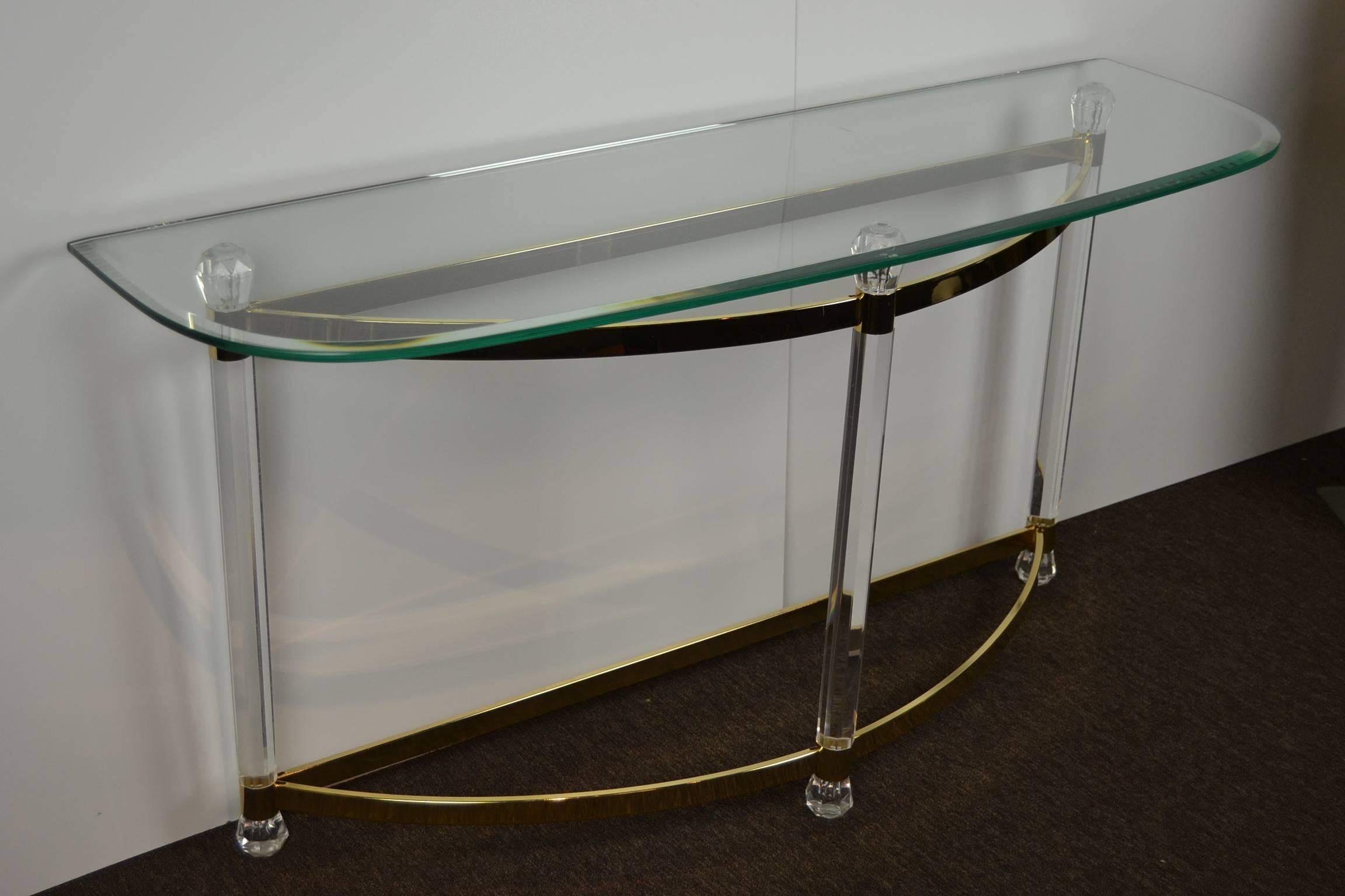 European 1970s Hollywood Regency Lucite, Brass and Glass Console Table