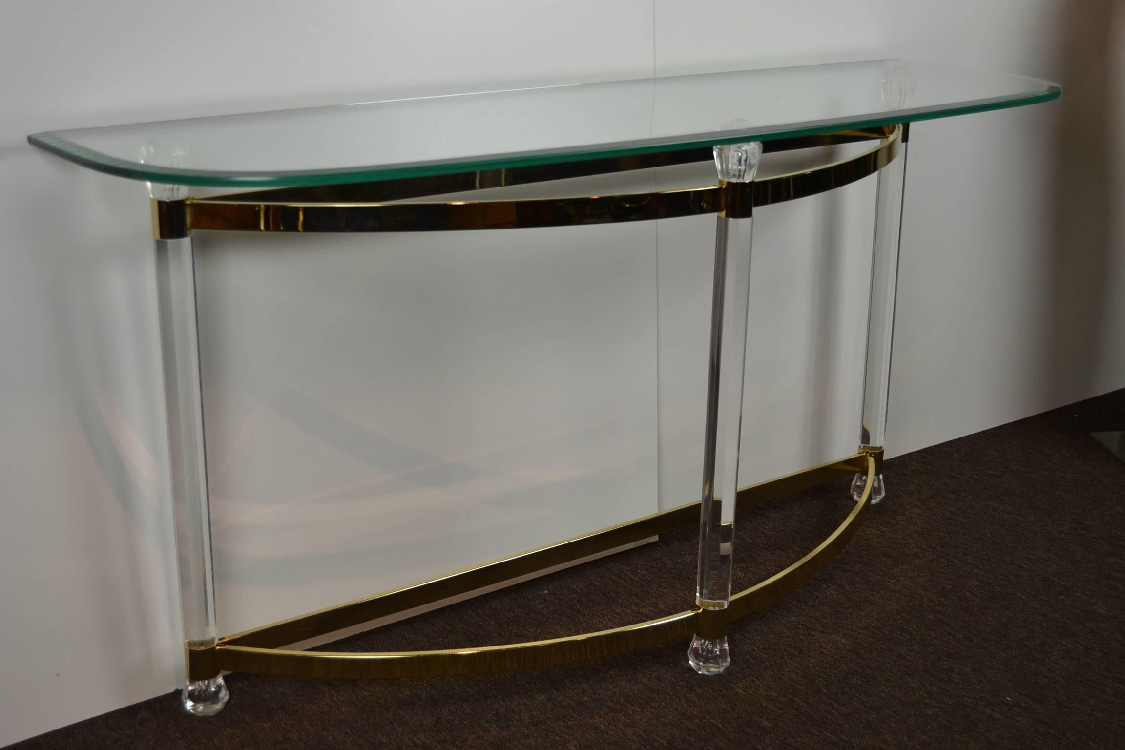 Faceted 1970s Hollywood Regency Lucite, Brass and Glass Console Table
