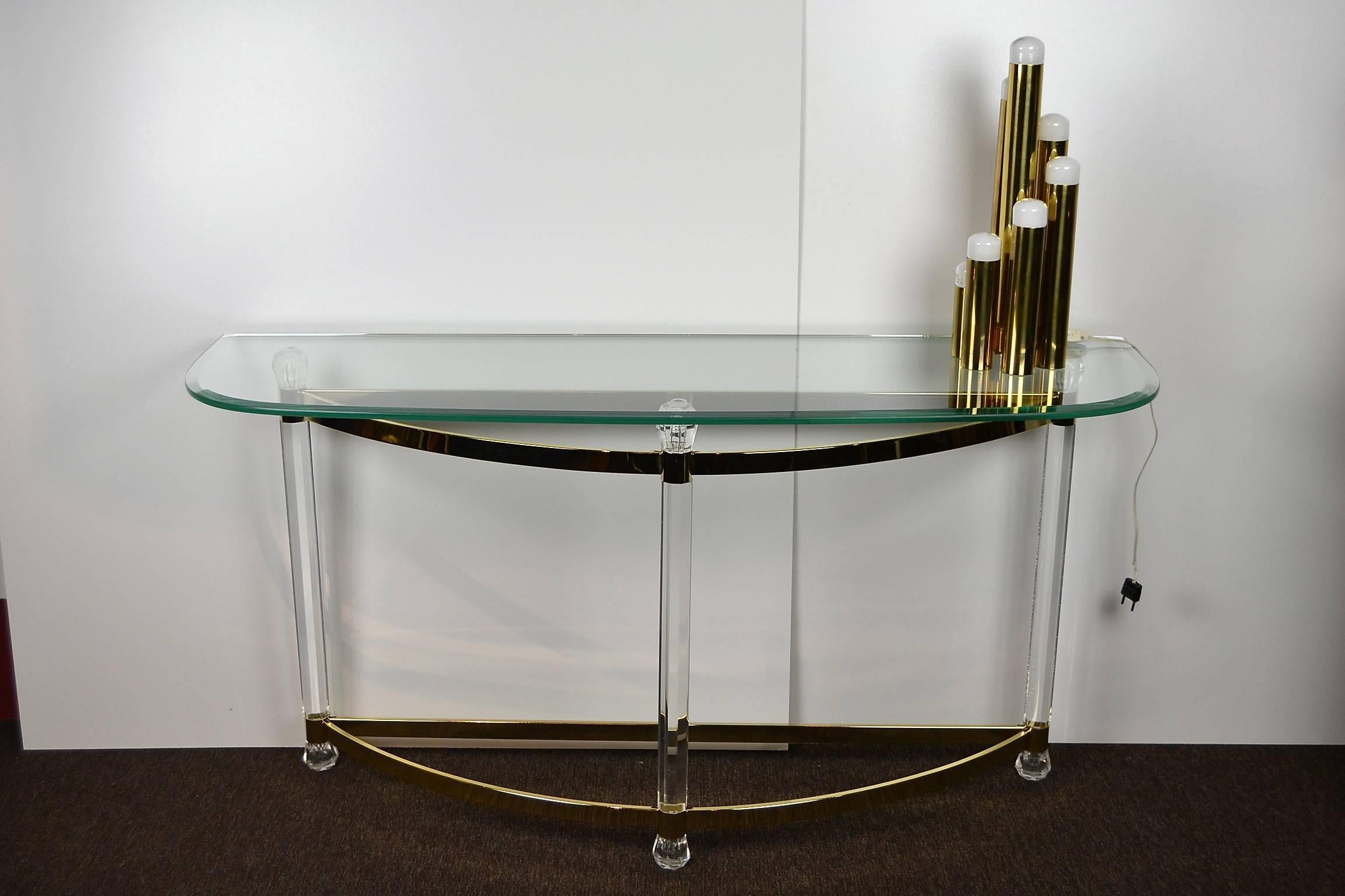 1970s Hollywood Regency Lucite, Brass and Glass Console Table 3