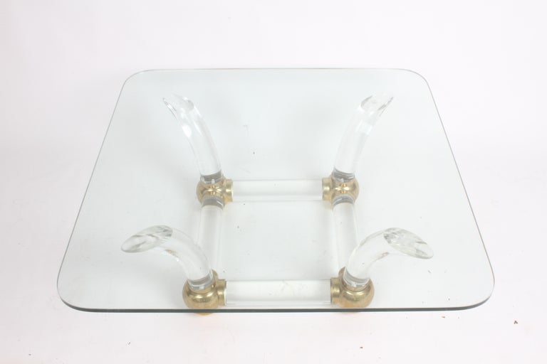 1970s Hollywood Regency Lucite Tusk & Brass Ball Springer Style Coffee Table For Sale 1