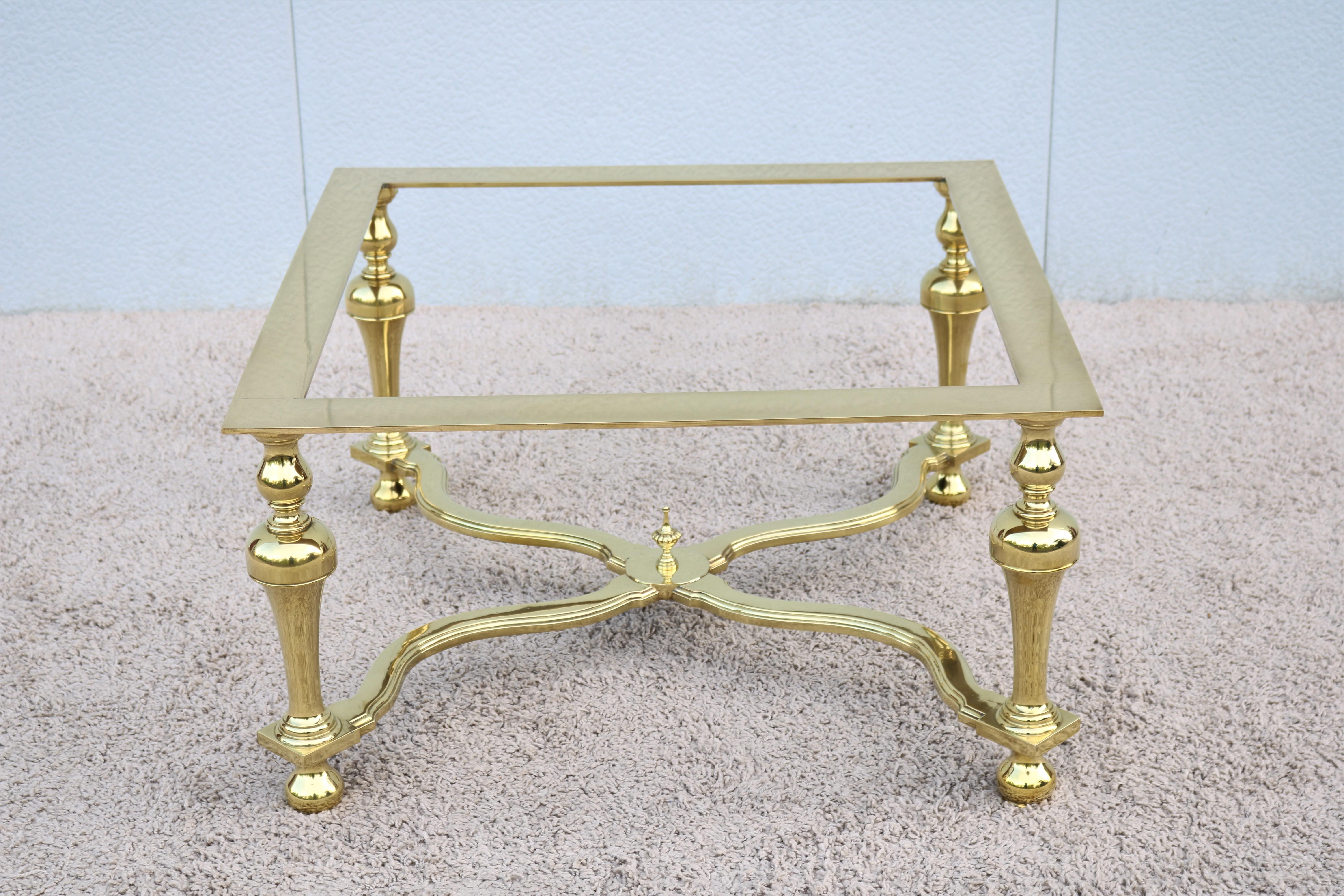 1970s Hollywood Regency Maison Jansen Style Brass and Glass Square Coffee Table For Sale 4