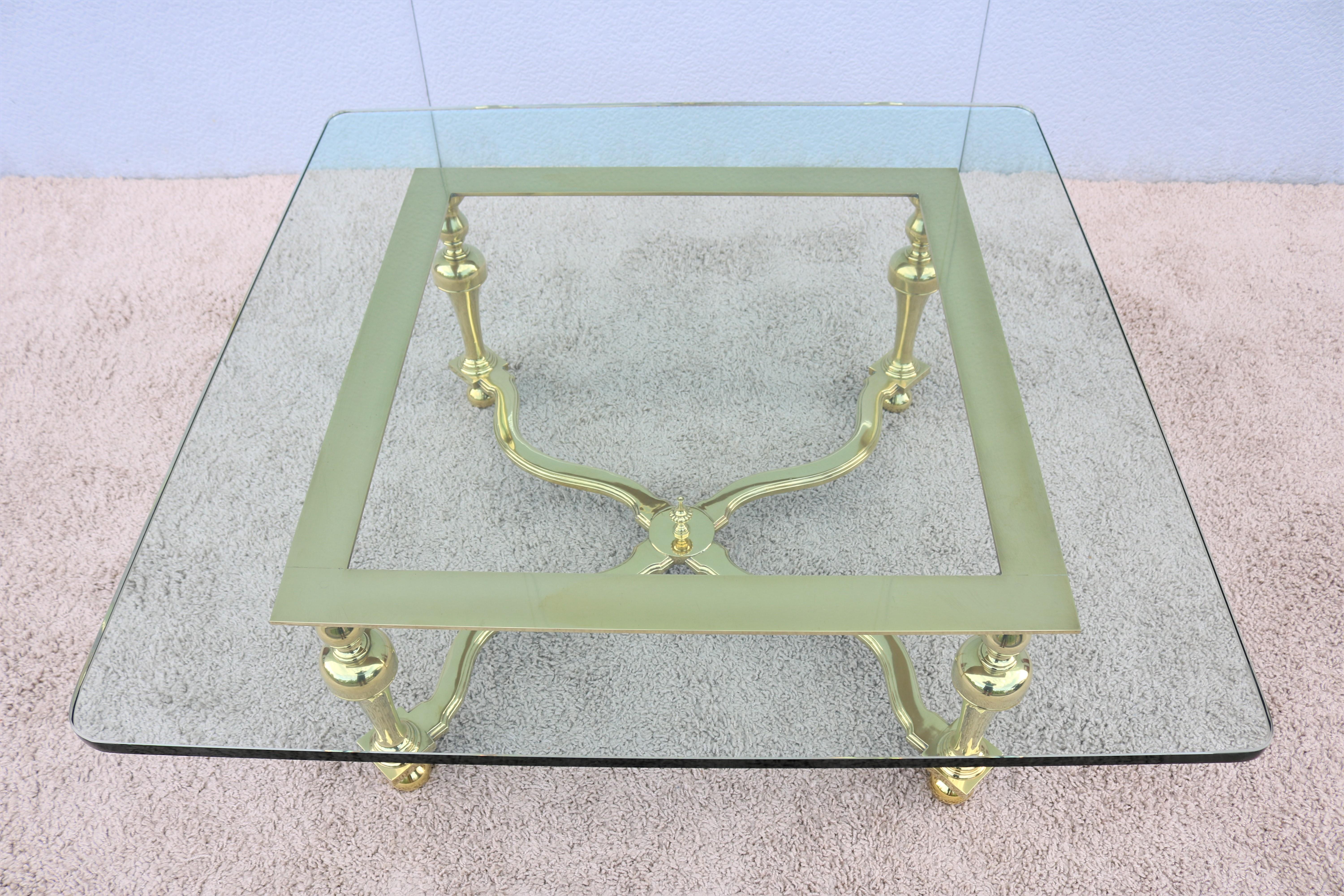 Spanish 1970s Hollywood Regency Maison Jansen Style Brass and Glass Square Coffee Table For Sale