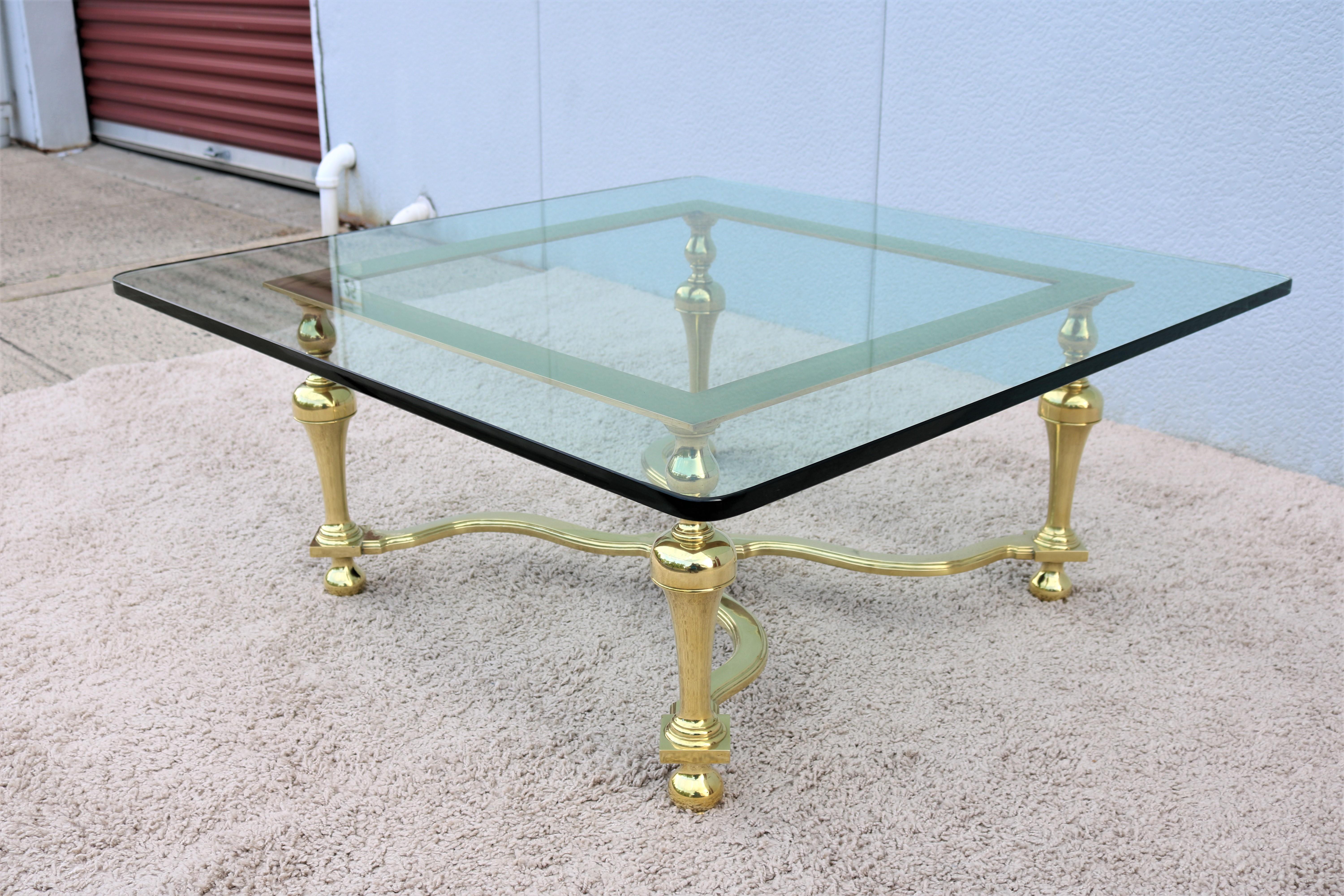 Beveled 1970s Hollywood Regency Maison Jansen Style Brass and Glass Square Coffee Table For Sale