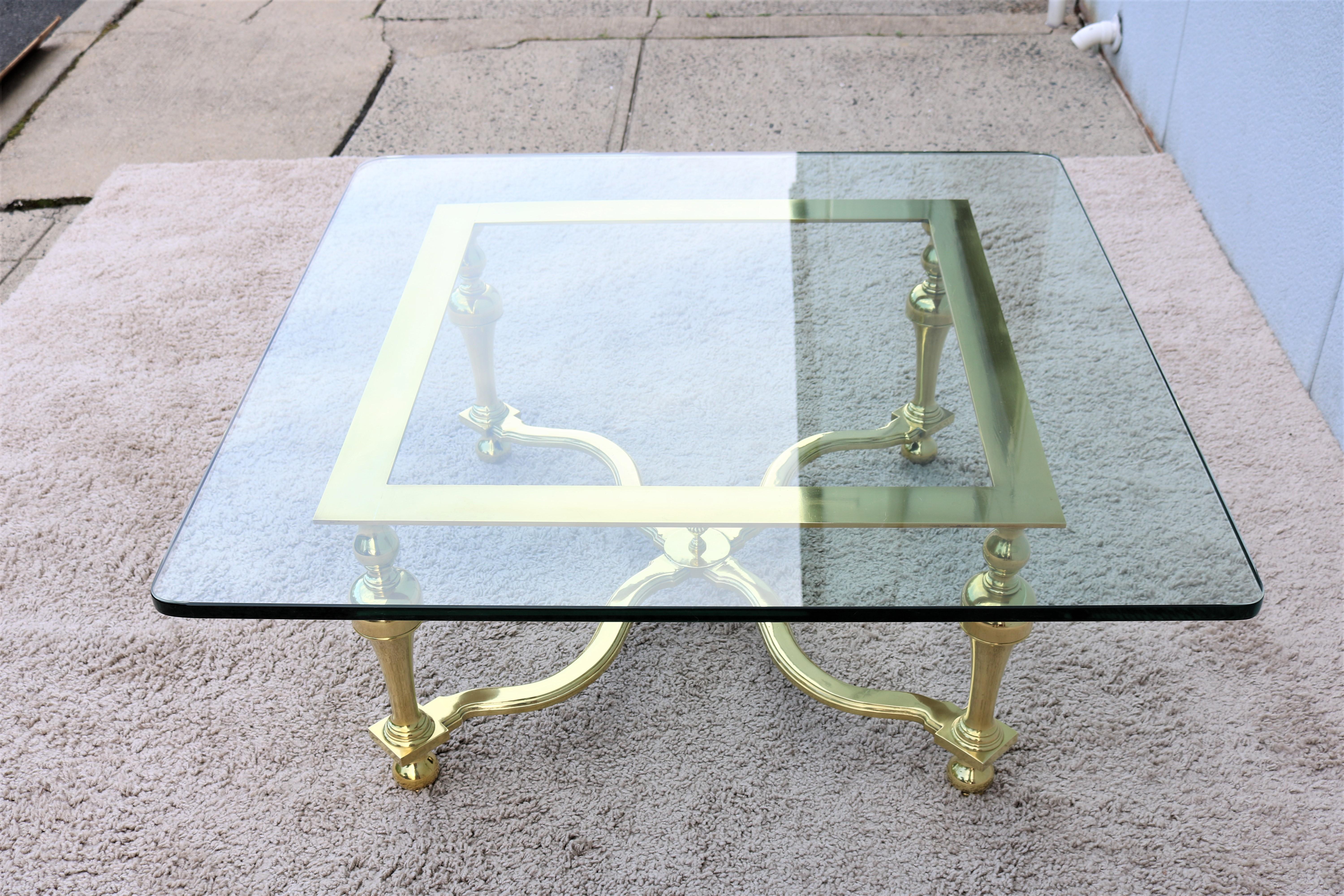 1970s Hollywood Regency Maison Jansen Style Brass and Glass Square Coffee Table In Good Condition For Sale In Secaucus, NJ