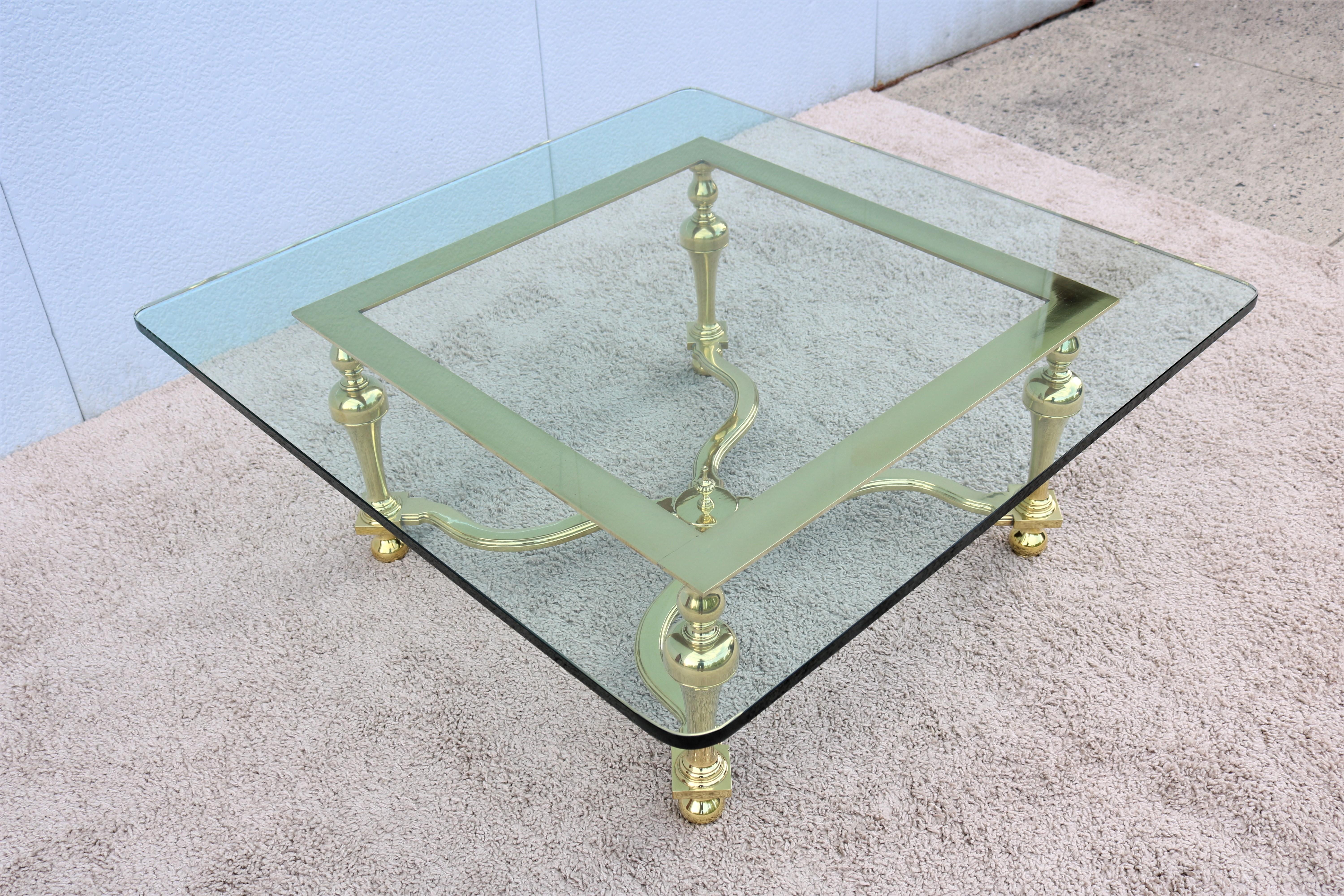 20th Century 1970s Hollywood Regency Maison Jansen Style Brass and Glass Square Coffee Table For Sale