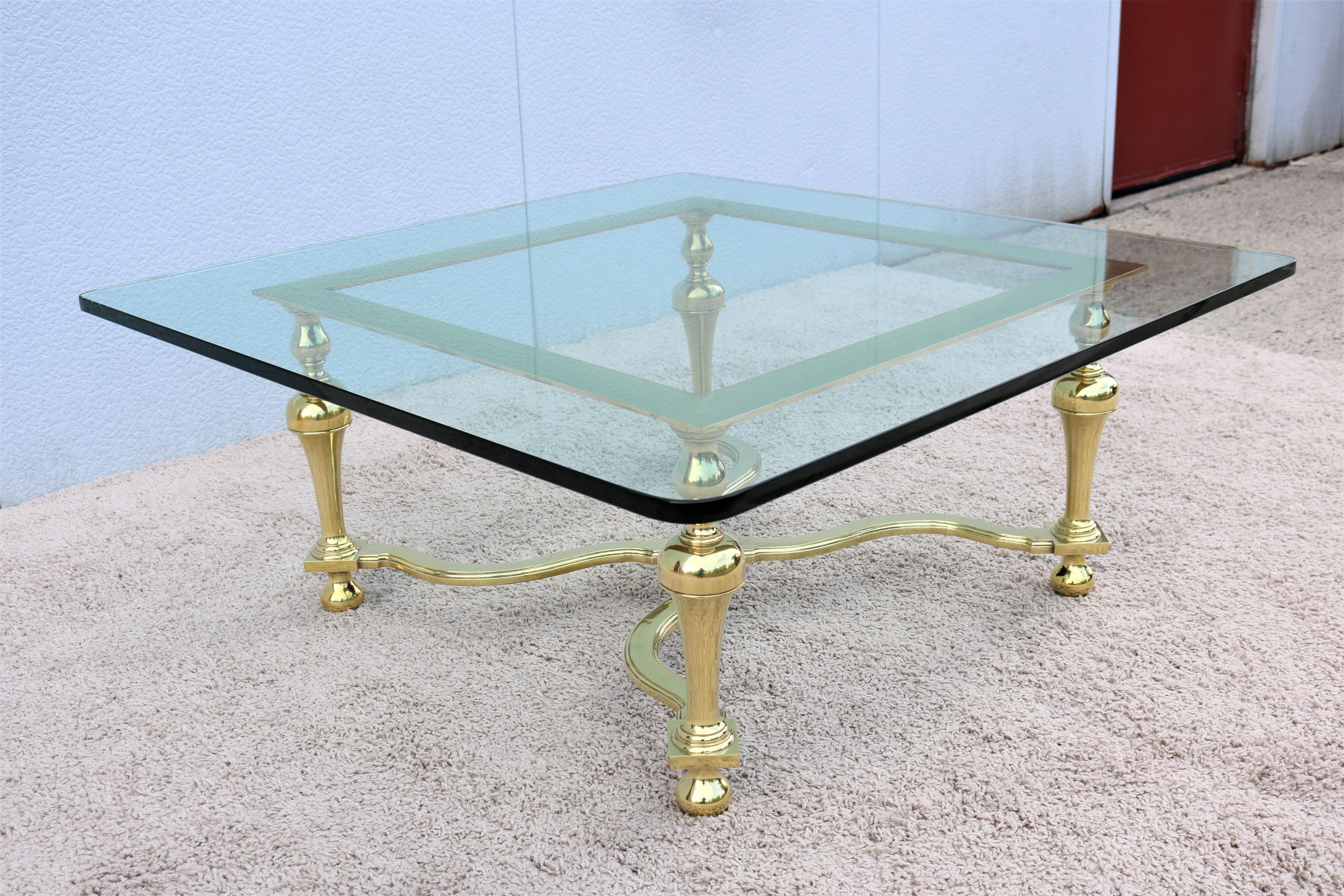 1970s Hollywood Regency Maison Jansen Style Brass and Glass Square Coffee Table For Sale 1