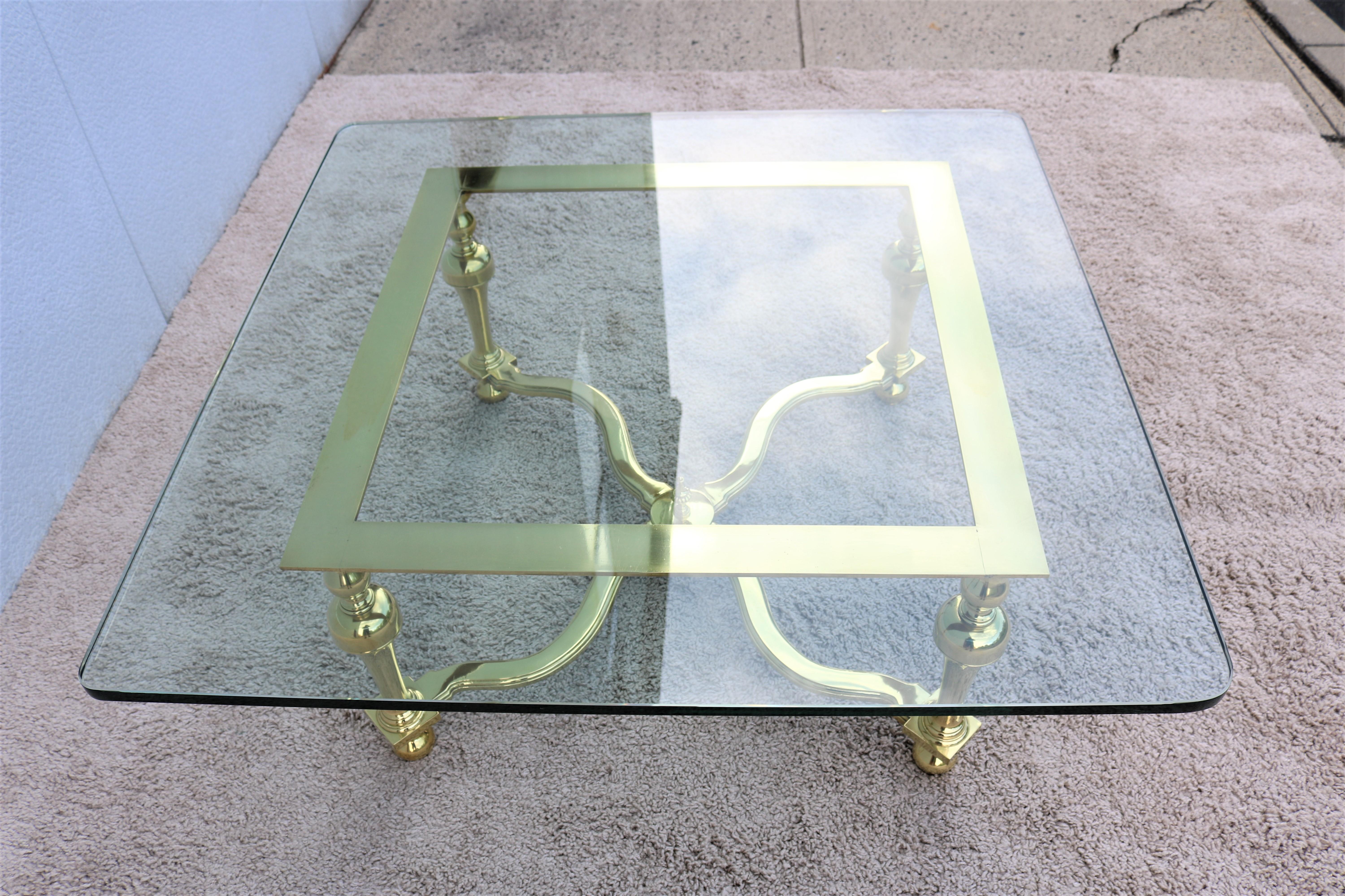 1970s Hollywood Regency Maison Jansen Style Brass and Glass Square Coffee Table For Sale 2